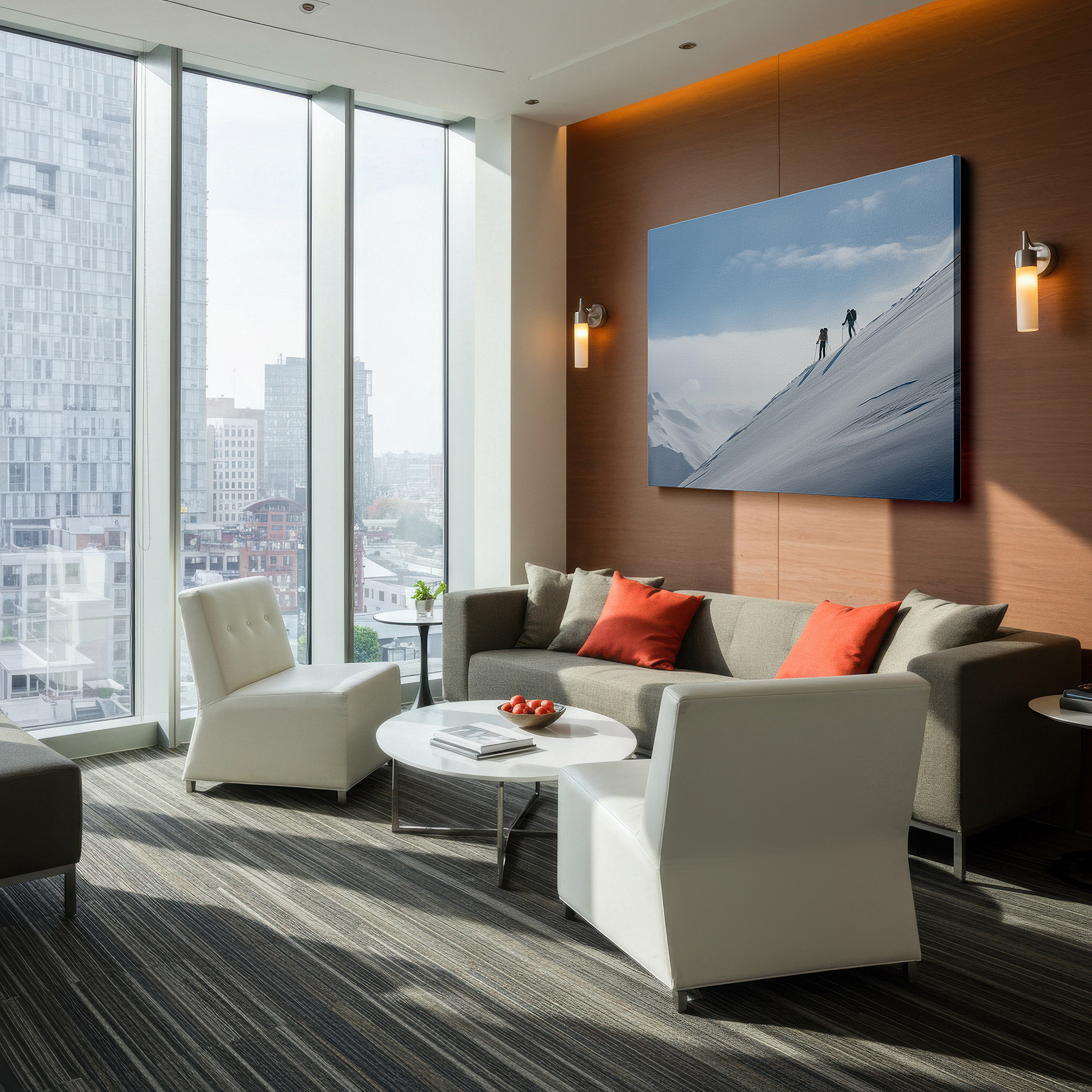 The 75×50 cm version anchors medium rooms without dominating them — skiers climb majestic mountain beneath clear blue sky, a vibrant tribute to winter sports and resilience, large canvas wall art