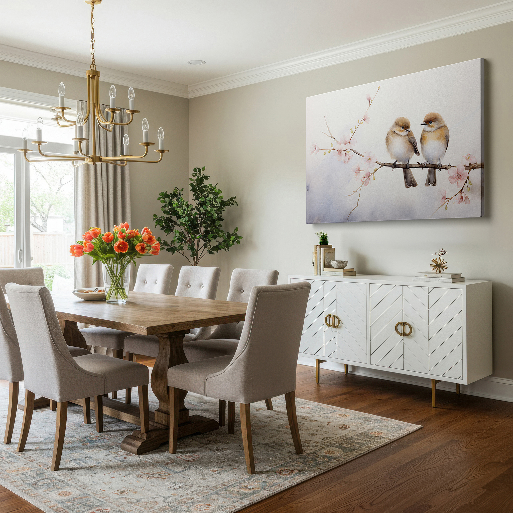 The 75×50 cm version anchors medium rooms without dominating them — soft pastel birds nestled in blossoming branch, representing love and unity large canvas wall art, office wall decor