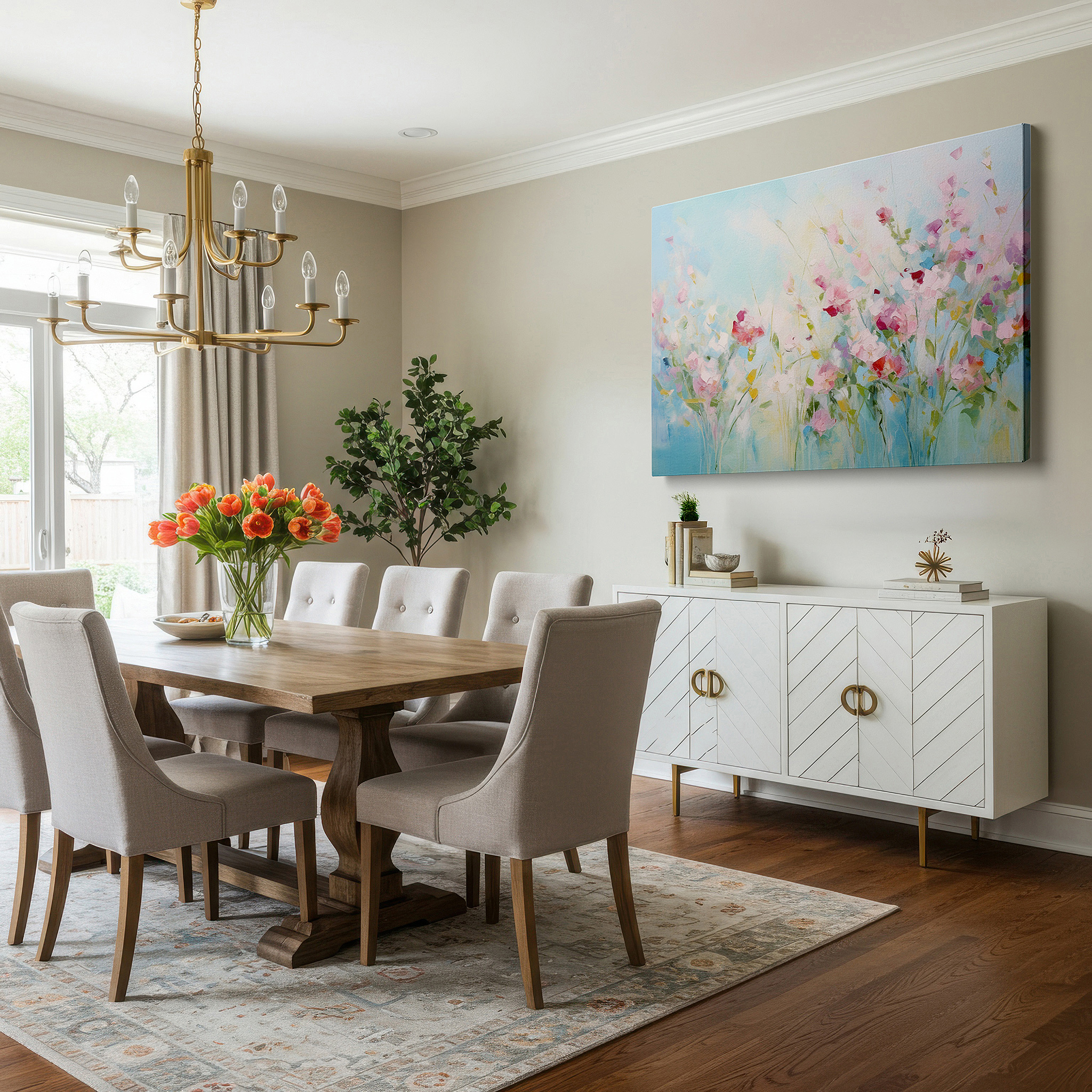 The 75×50 cm version anchors medium rooms without dominating them — soft pastel ethereal floral symphony, tranquil centerpiece for serene spaces, large canvas wall art decor for offices