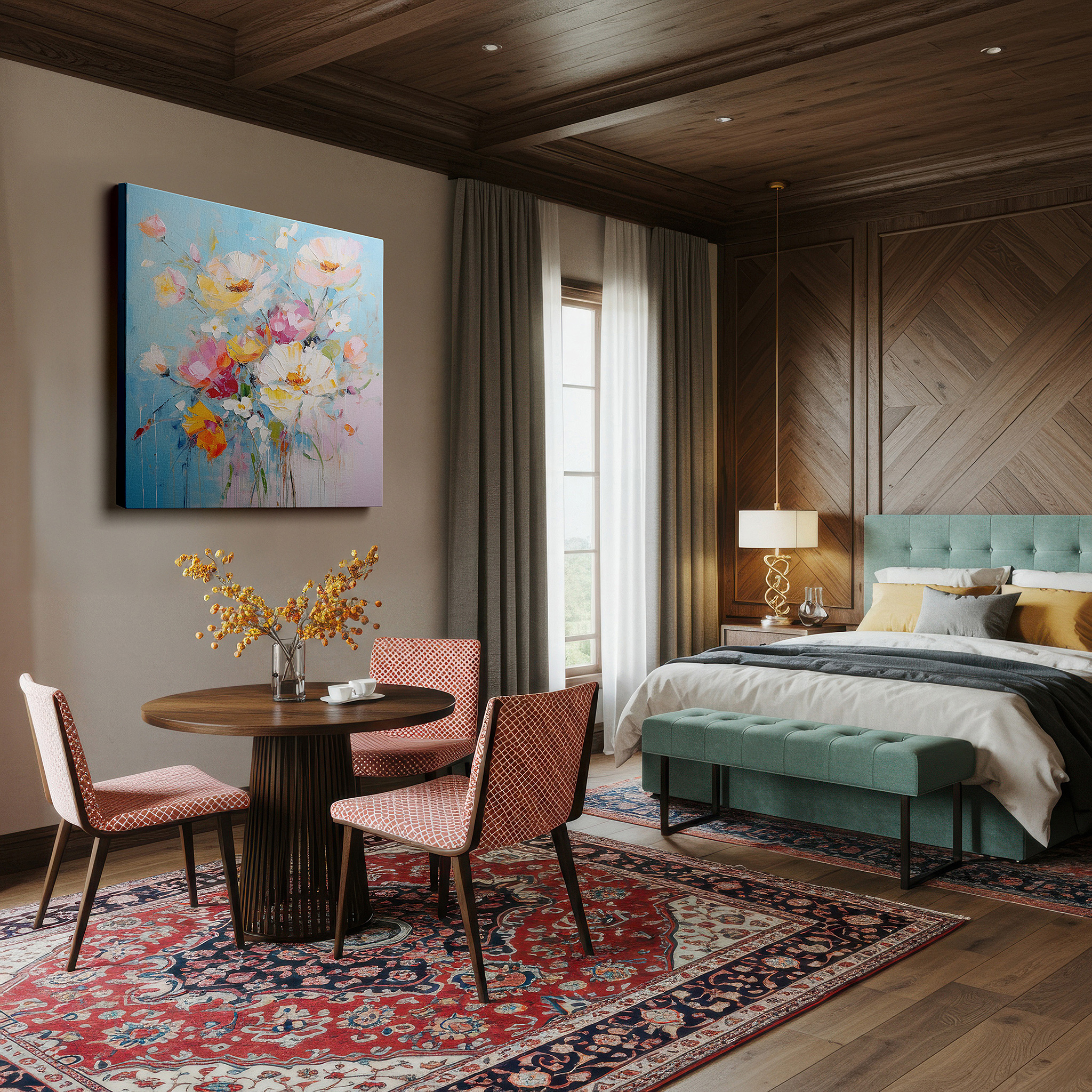 The 75×50 cm version anchors medium rooms without dominating them — soft pastel spring blooms: enchanting floral masterpiece for tranquil spaces - large canvas wall art decor for offices
