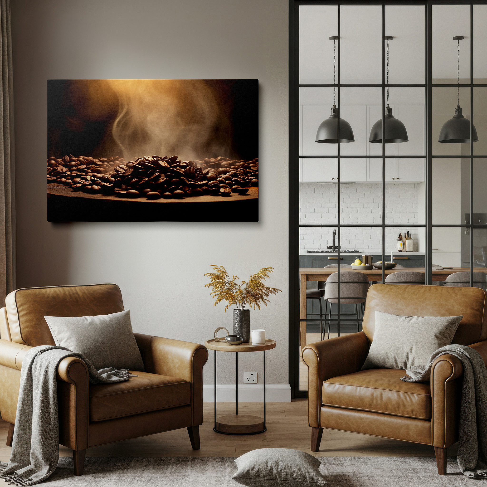 The 75×50 cm version anchors medium rooms without dominating them — steamy coffee beans on rustic wood: a sensory journey of warmth and aroma - large wall art, canvas wall art, wall decor for office and bedroom