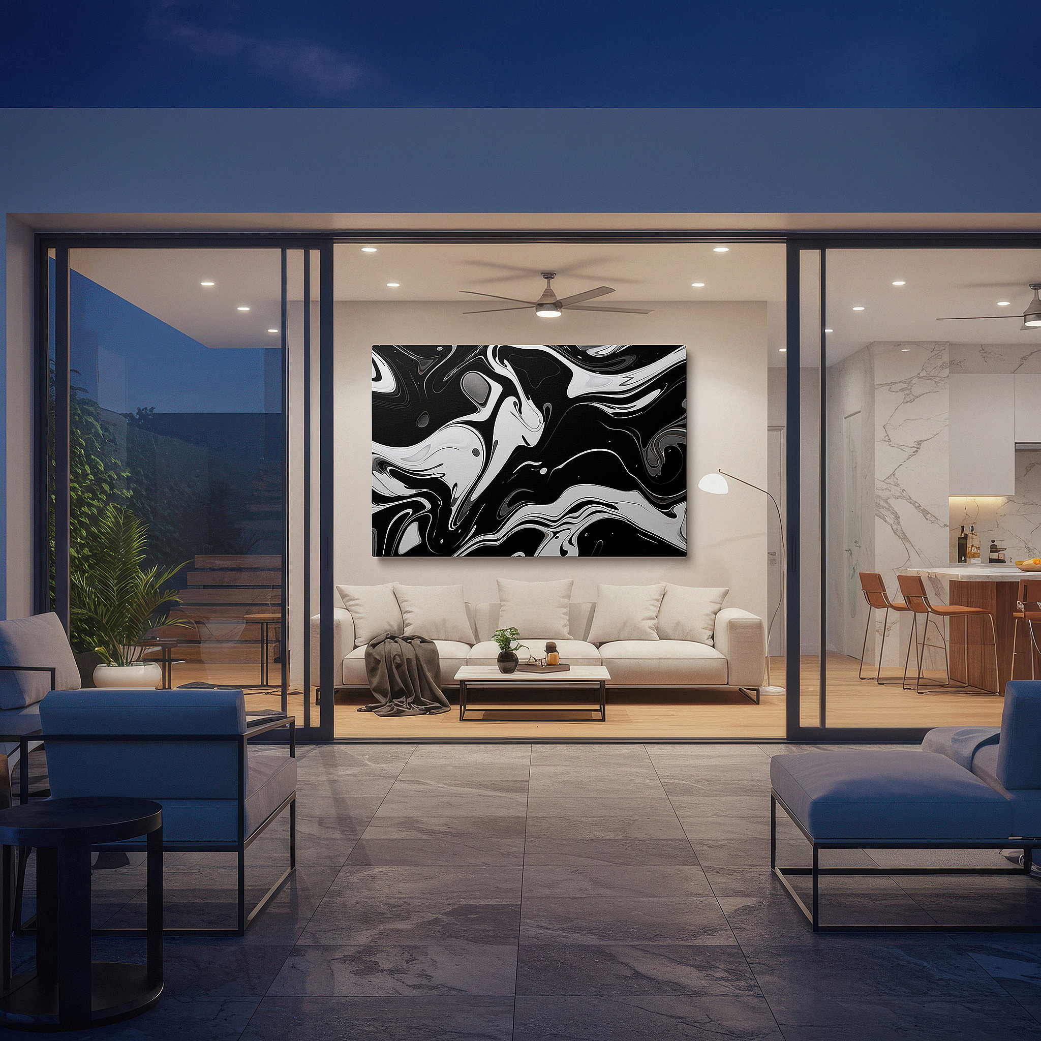The 75×50 cm version anchors medium rooms without dominating them — stunning black and white marble abstract: ideal for modern spaces, large canvas wall art for living rooms, offices, and bedrooms