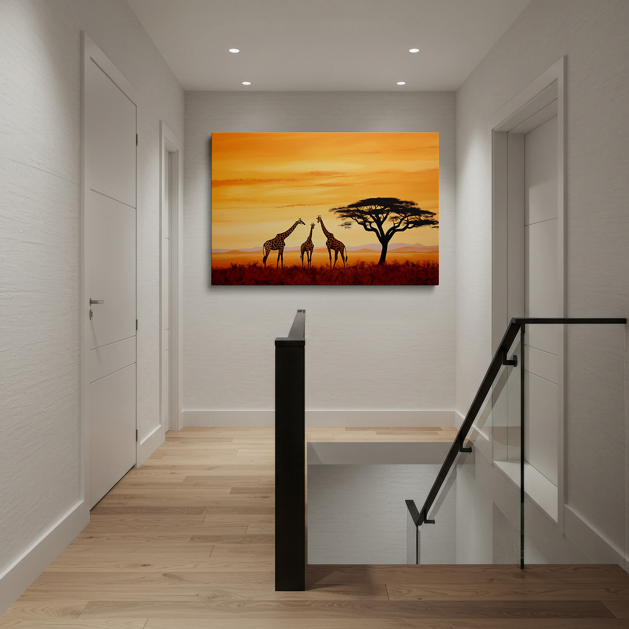 The 75×50 cm version anchors medium rooms without dominating them — stunning giraffes and vibrant sunset in the african savannah wall art, canvas decor for office and bedroom