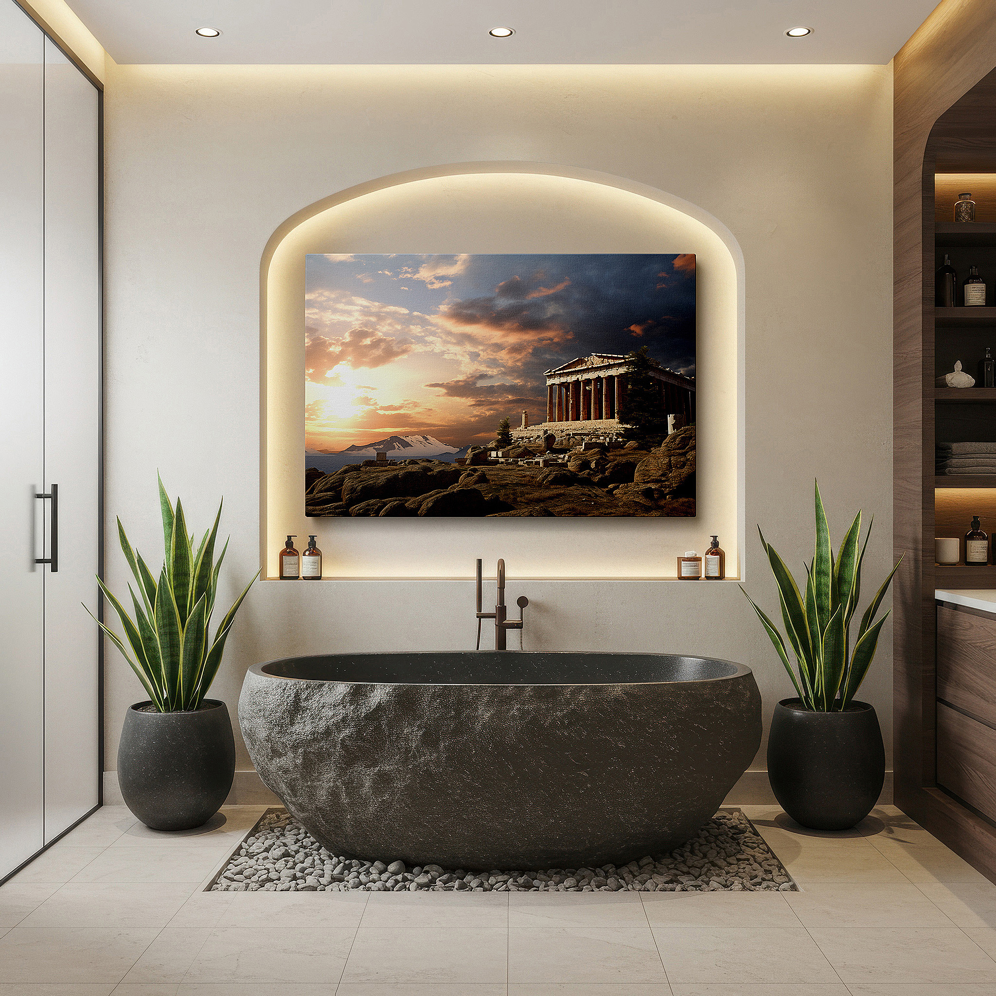The 75×50 cm version anchors medium rooms without dominating them — sunset at the majestic temple: a tribute to timeless elegance - large canvas wall art for office and bedroom decor