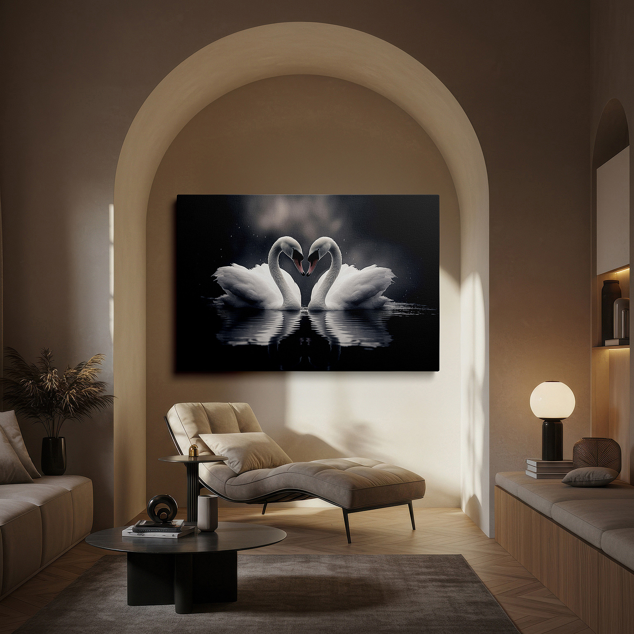 The 75×50 cm version anchors medium rooms without dominating them — swan embrace wall art: symbol of love and unity on tranquil waters - large canvas for home and office decor