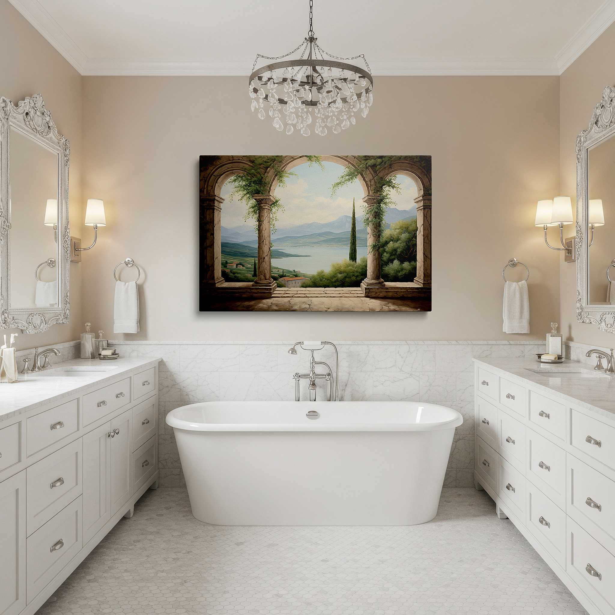 The 75×50 cm version anchors medium rooms without dominating them — timeless elegance amidst serene landscapes, classical architecture canvas for tranquil reflection, large wall art, office decor