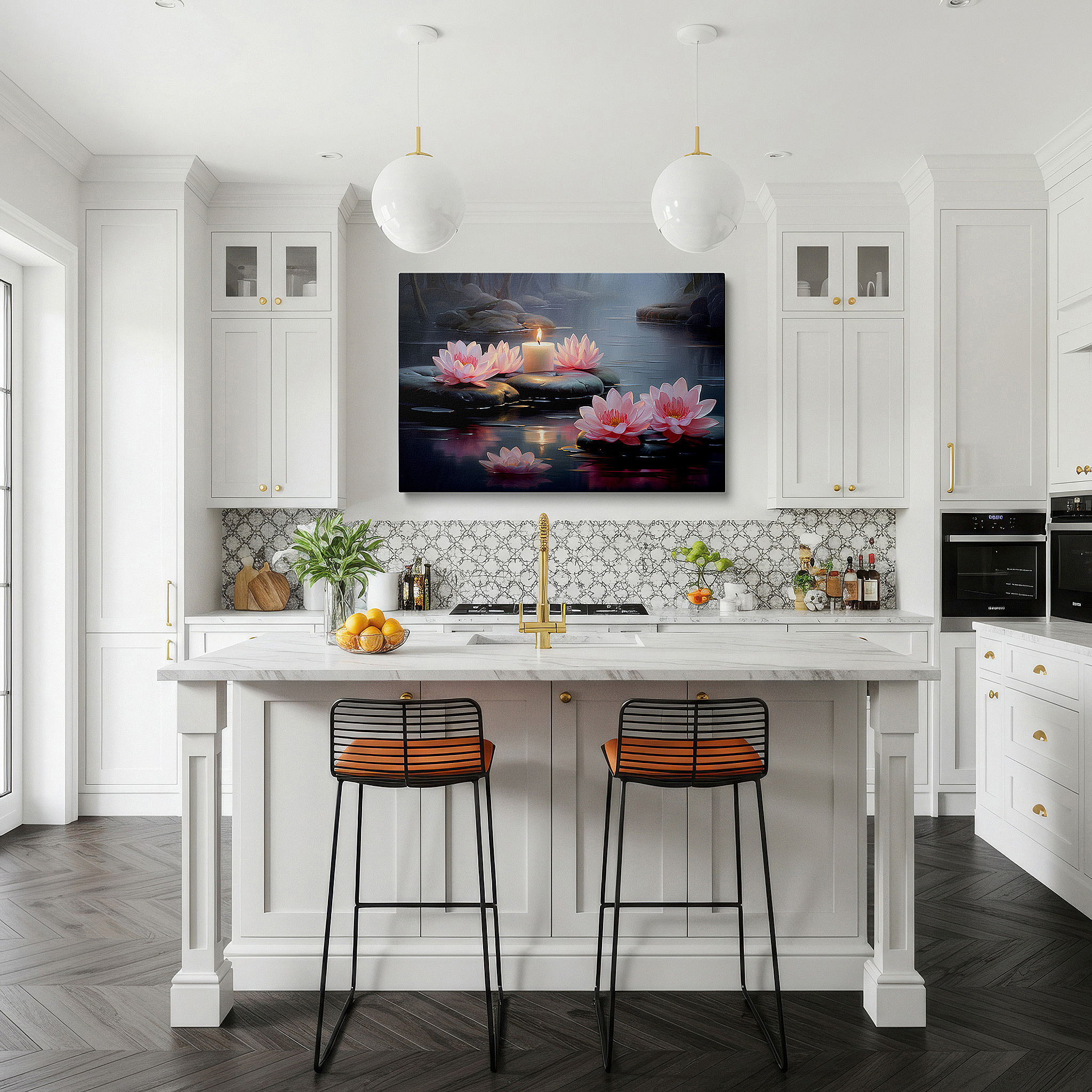 The 75×50 cm version anchors medium rooms without dominating them — tranquil pond with water lilies and candlelight wall art: serene escape large canvas for home and office decor, perfect for living room and bedroom