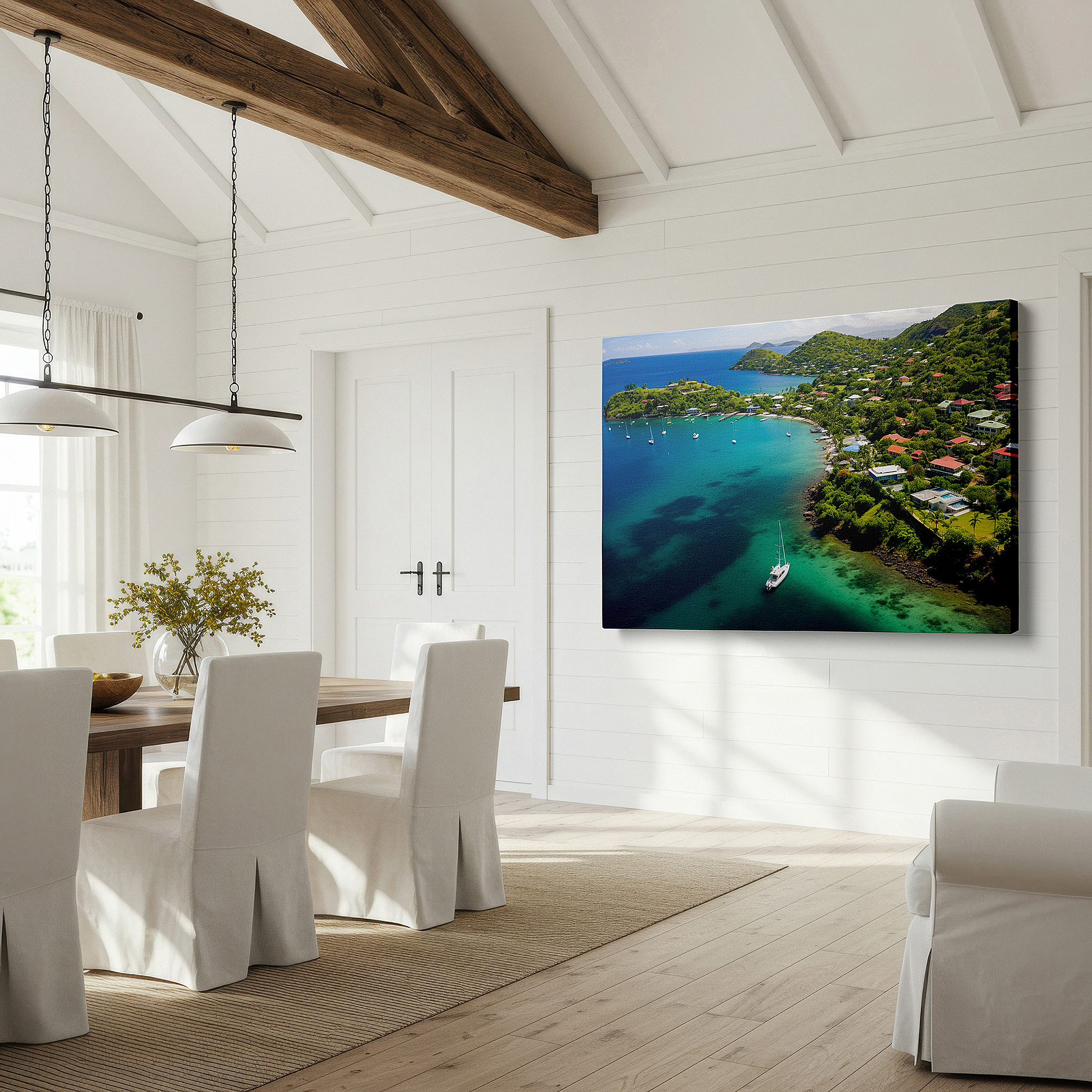 The 75×50 cm version anchors medium rooms without dominating them — tropical coastline aerial view canvas wall art featuring azure waters and lush greenery for office and bedroom decor