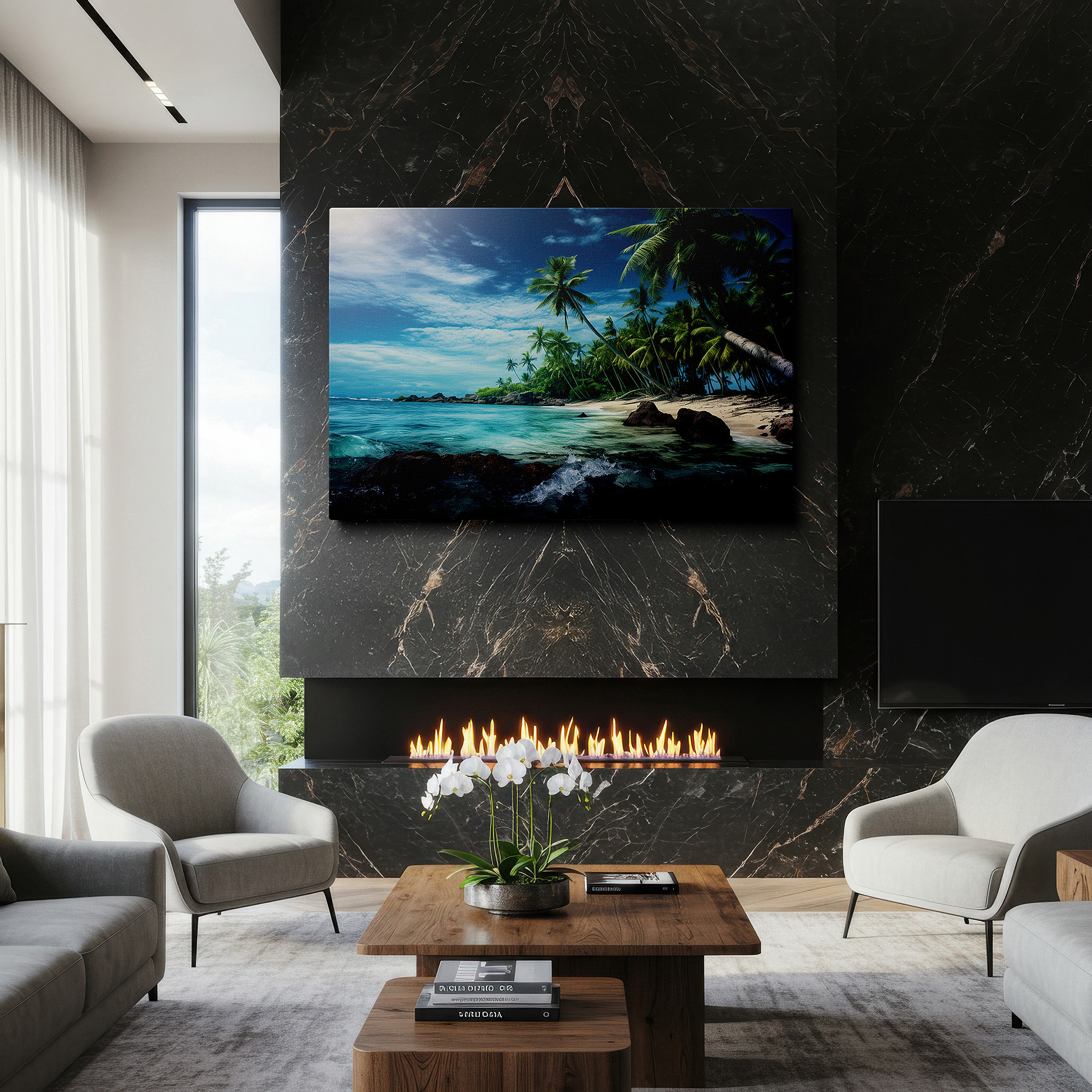 The 75×50 cm version anchors medium rooms without dominating them — tropical paradise wall art featuring crystal-clear waters and lush palms - large canvas for office, bedroom, and living room decor