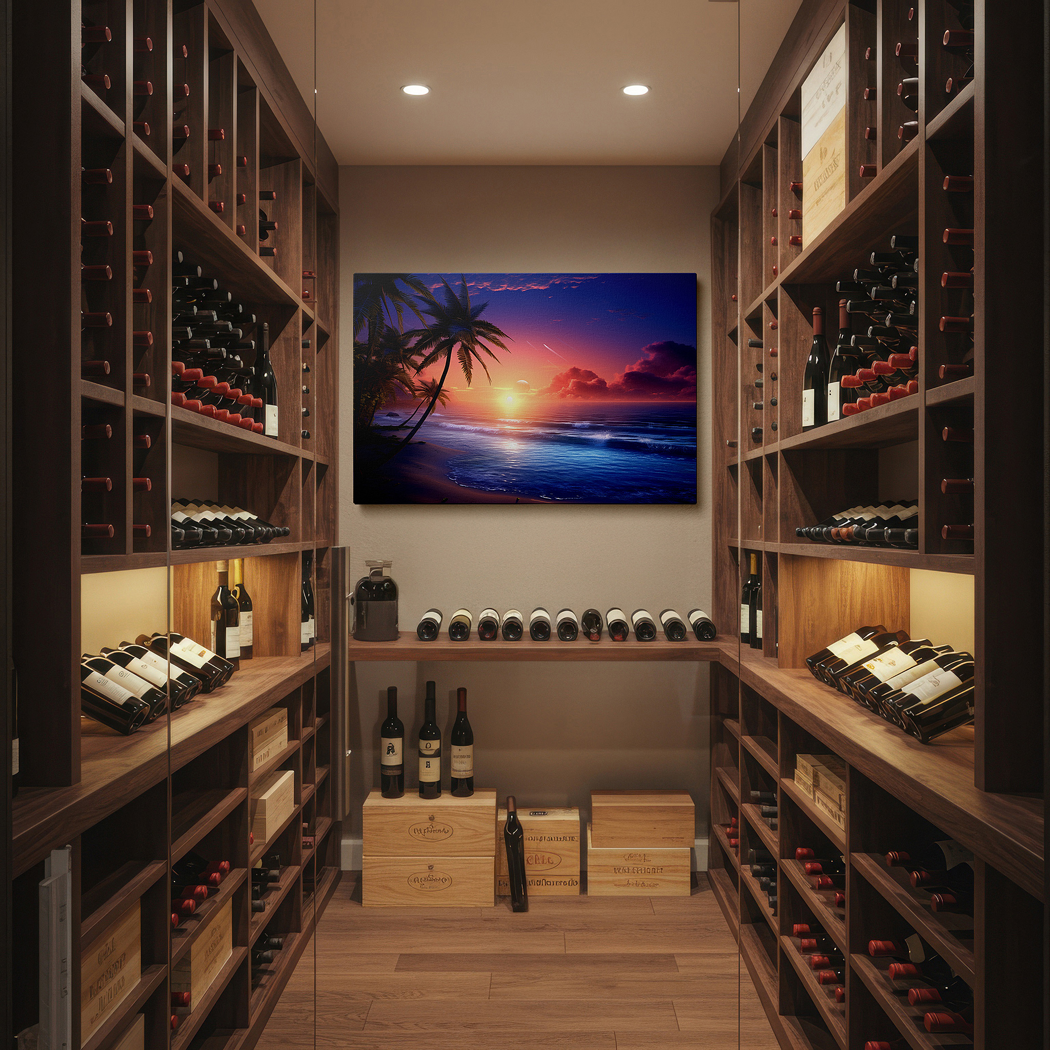 The 75×50 cm version anchors medium rooms without dominating them — tropical sunset serenity: fiery skies and pristine beach - large canvas wall art for office, bedroom, and living room decor