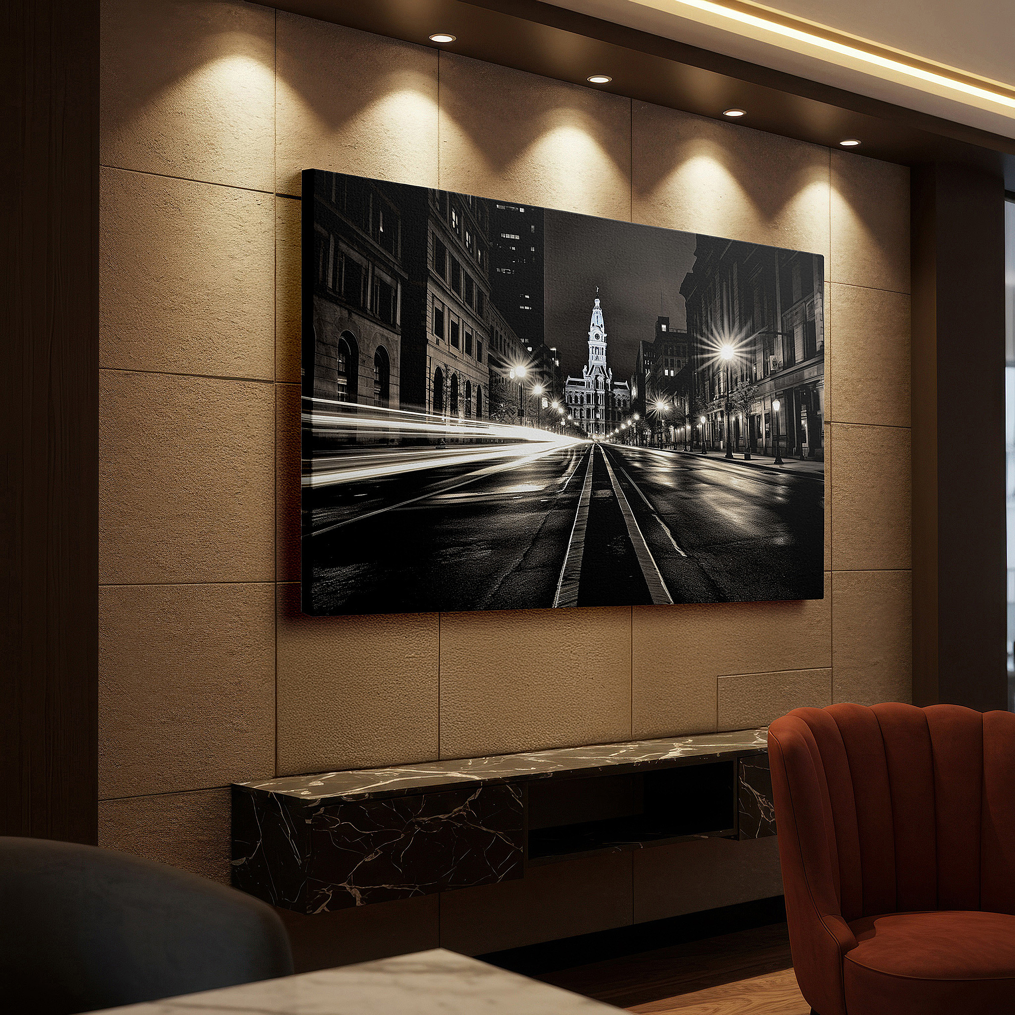 The 75×50 cm version anchors medium rooms without dominating them — urban nightscape wall art: symphony of light and shadow - large canvas for home and office decor, perfect for living rooms and bedrooms
