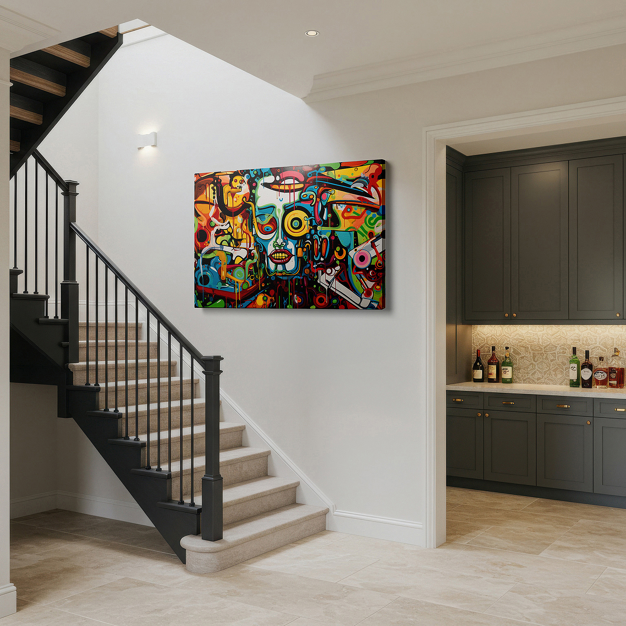 The 75×50 cm version anchors medium rooms without dominating them — vibrant abstract symphony wall art featuring dynamic swirls and stylized faces - large canvas art for home and office decor