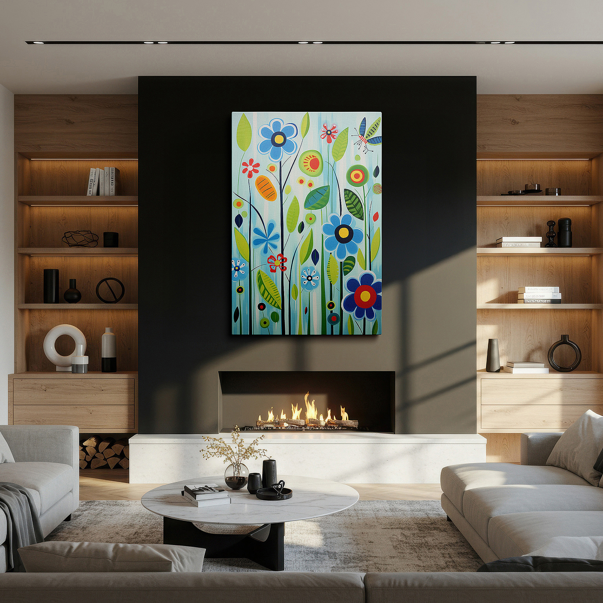 The 75×50 cm version anchors medium rooms without dominating them — vibrant celebration of nature: bright flowers and playful butterflies on a serene blue background - large canvas wall art