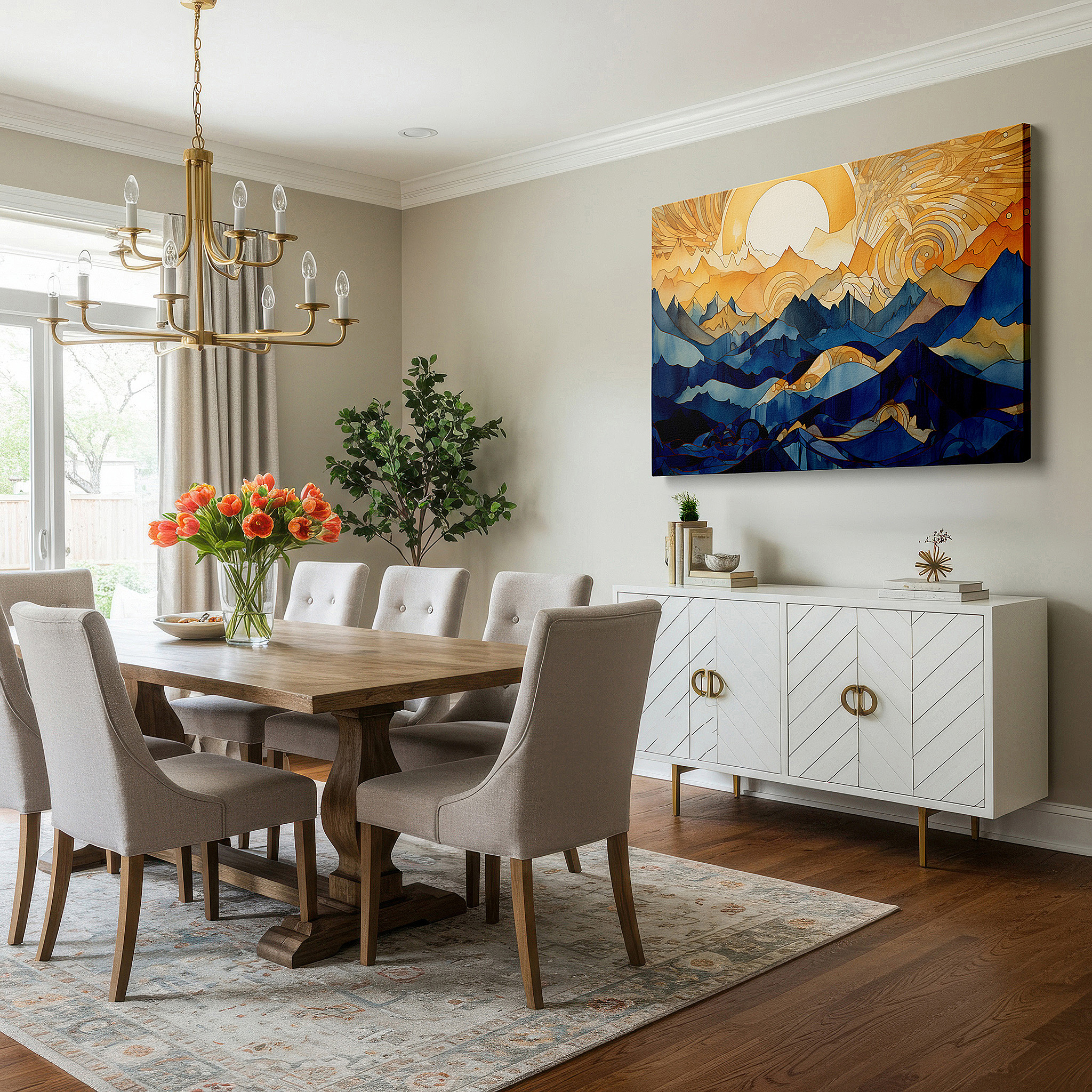The 75×50 cm version anchors medium rooms without dominating them — vibrant mountain landscape in bold blues and bright oranges, perfectly balancing energy and calmness, large wall art, canvas wall art