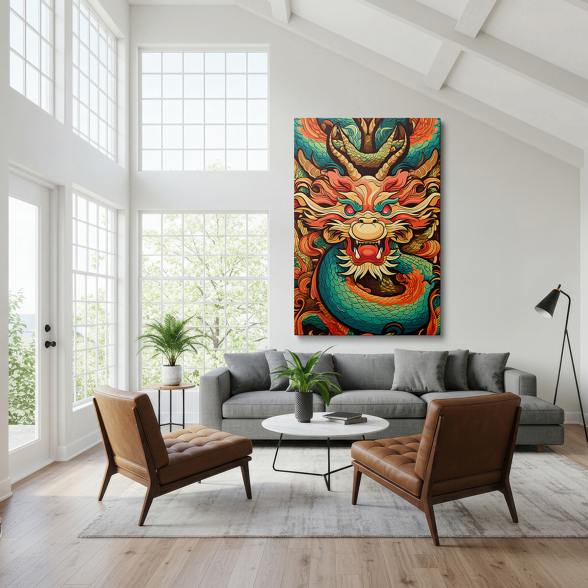 The 75×50 cm version anchors medium rooms without dominating them — vibrant mythical dragon portrait, symbolizing strength and wisdom, large canvas wall art for office decor