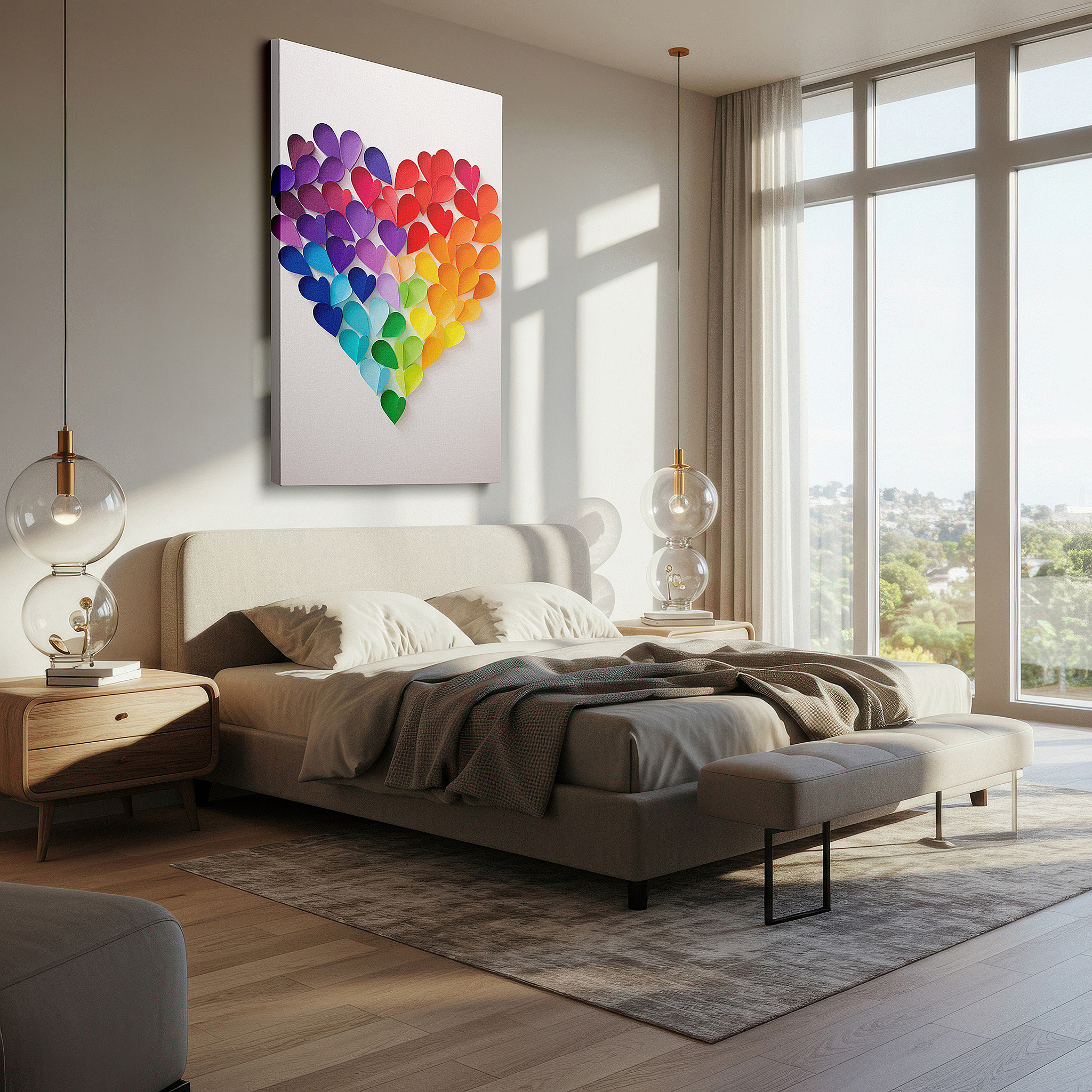 The 75×50 cm version anchors medium rooms without dominating them — vibrant paper hearts wall art celebrating love, unity, and diversity - perfect for office, bedroom, and living room decor