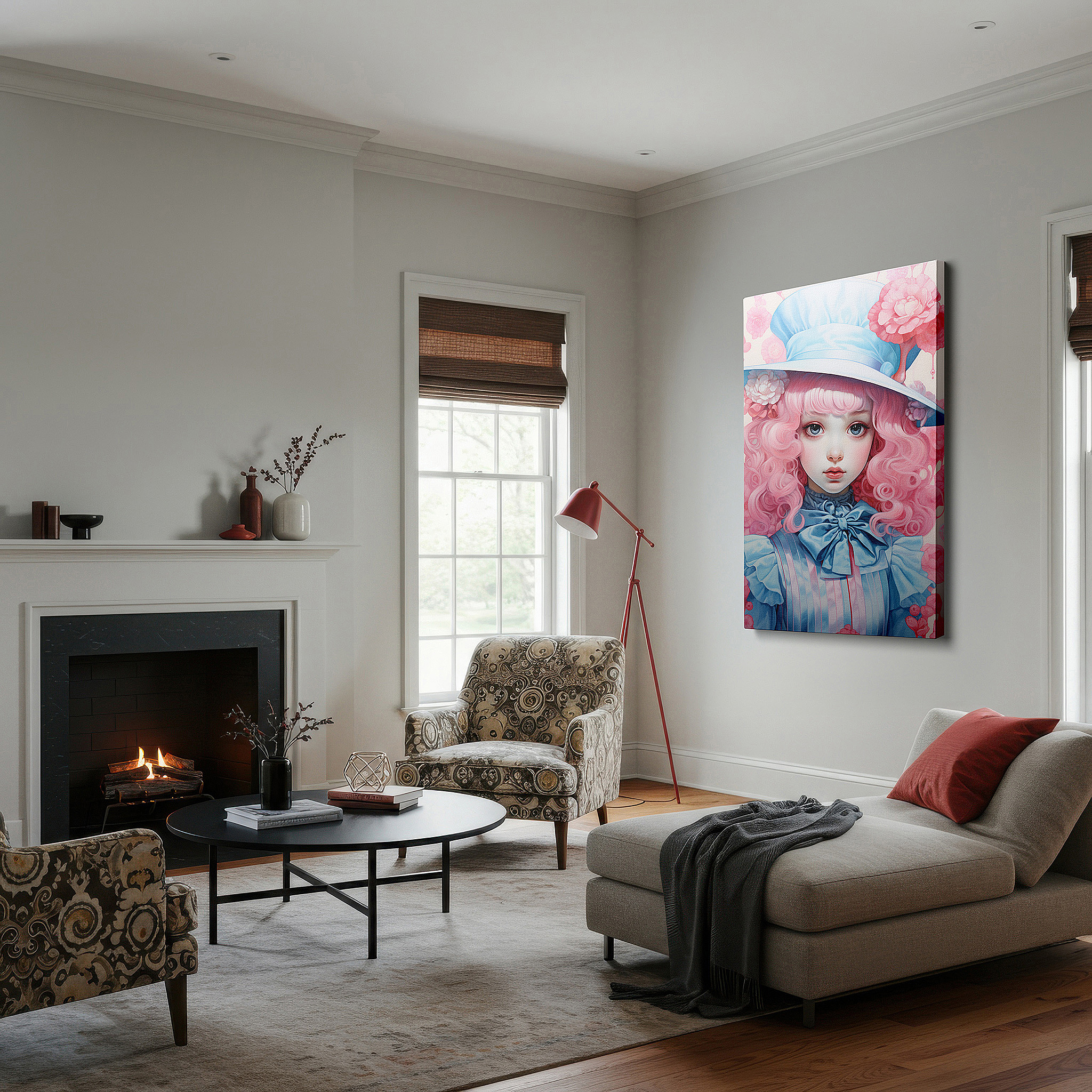 The 75×50 cm version anchors medium rooms without dominating them — vibrant pink curls and floral fantasy large canvas wall art for office, bedroom, and living room decor