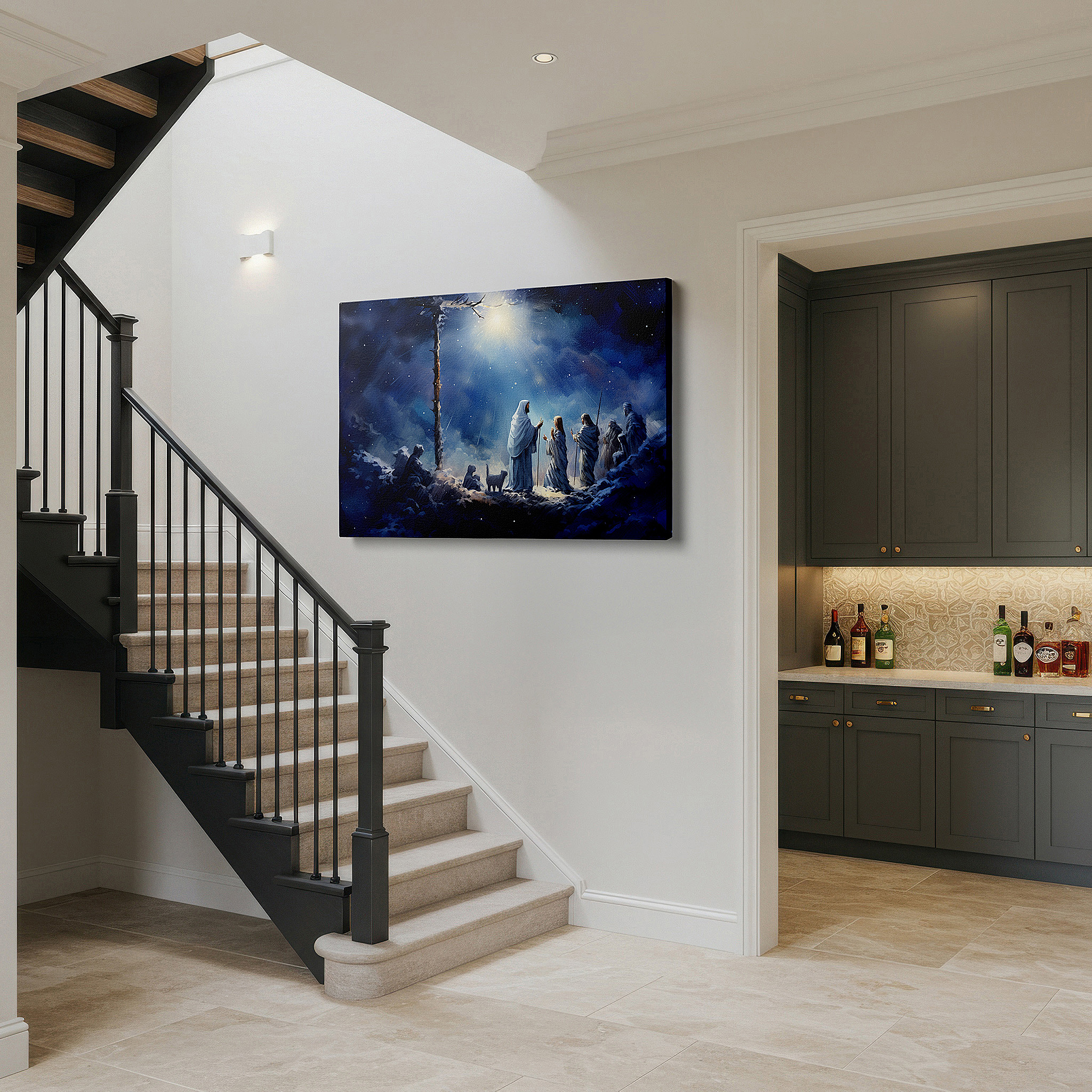 The 75×50 cm version anchors medium rooms without dominating them — wall art: divine entities and cosmic landscapes - exploring spirituality and mystical unity. large canvas wall art for home and office decor.