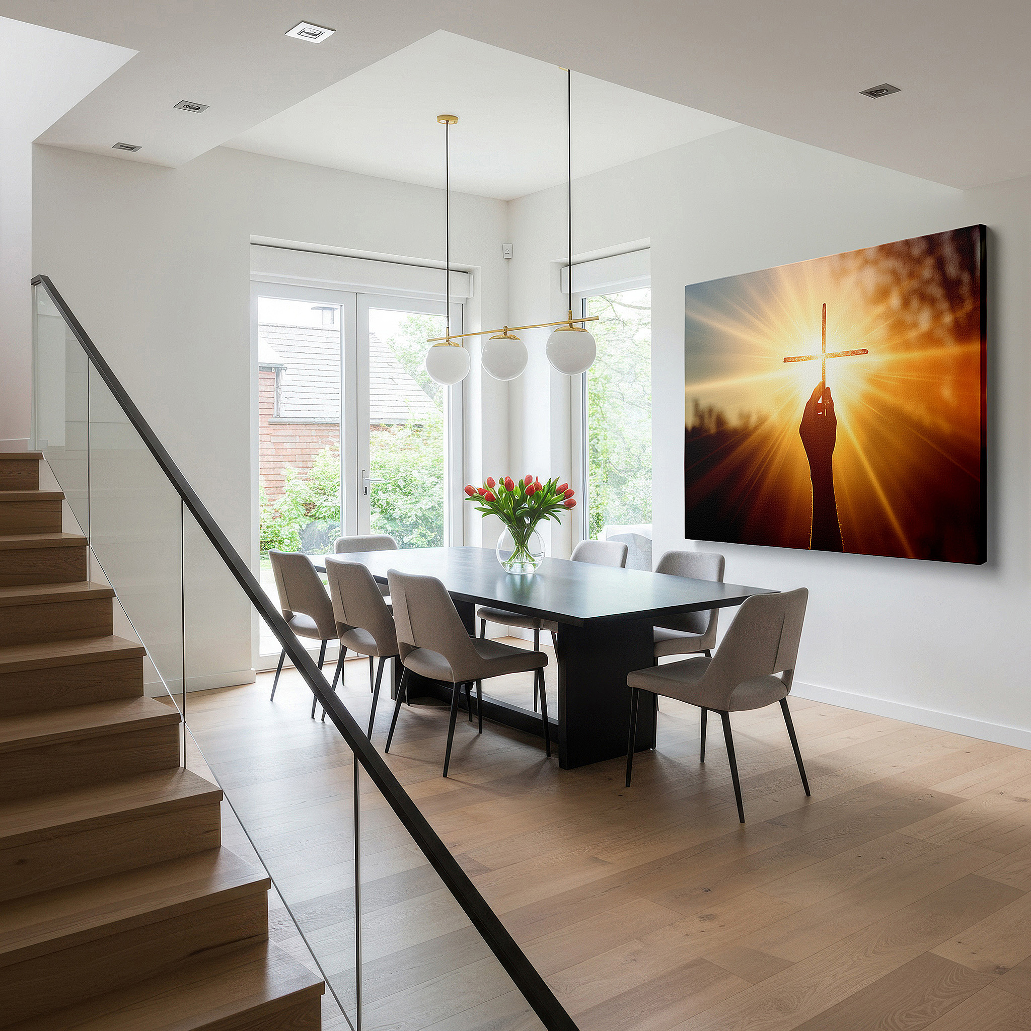 The 75×50 cm version anchors medium rooms without dominating them — wall art: hand holding cross at sunset - symbolizing faith and renewal, large canvas wall art for office and bedroom decor
