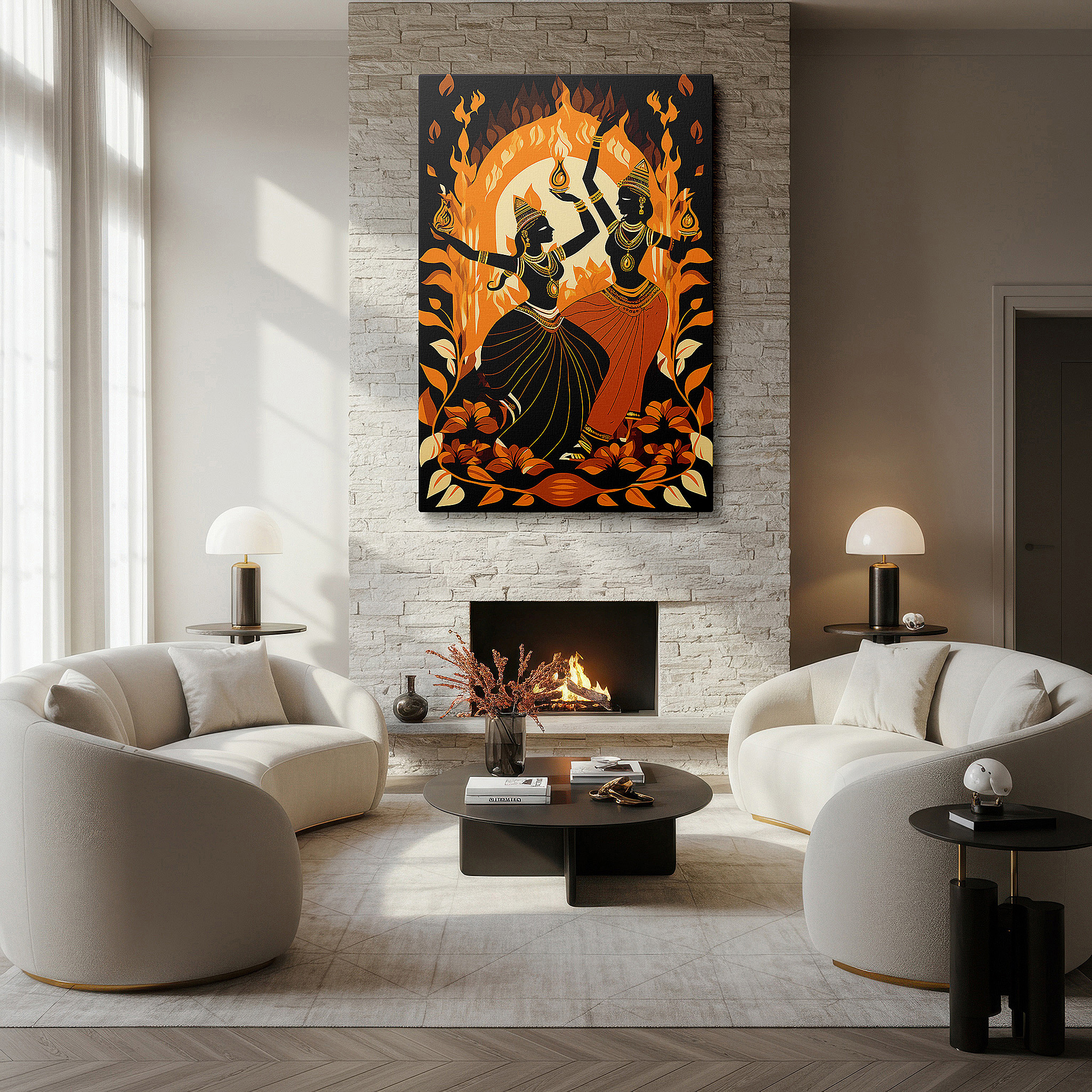 The 75×50 cm version anchors medium rooms without dominating them — wall art: majestic display of goddesses dancing among flames and flowers, celebrating life and culture - large canvas art for home and office decor