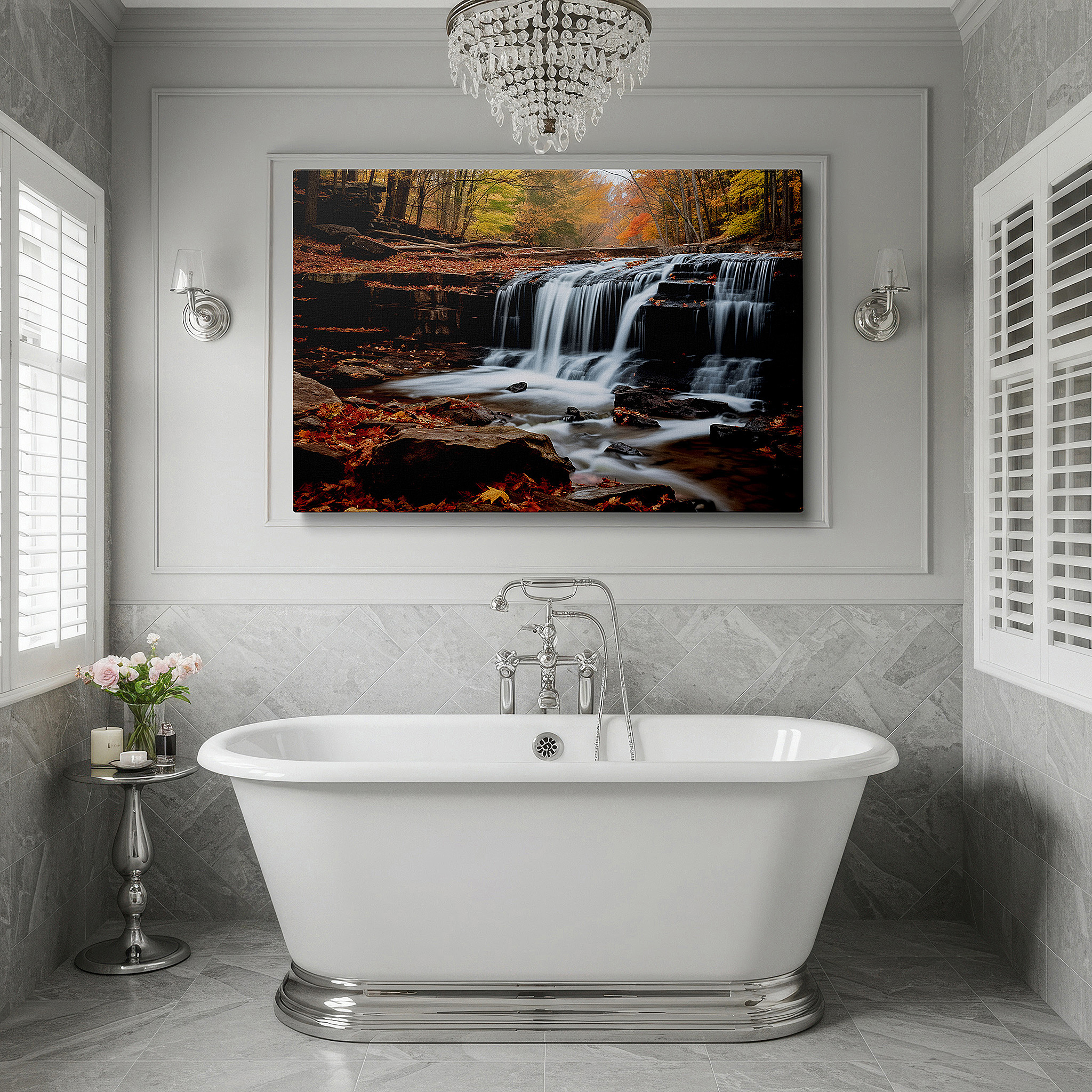 The 75×50 cm version anchors medium rooms without dominating them — wall art: serene waterfall and autumn foliage - a peaceful forest retreat for reflection and renewal, large canvas wall art decor