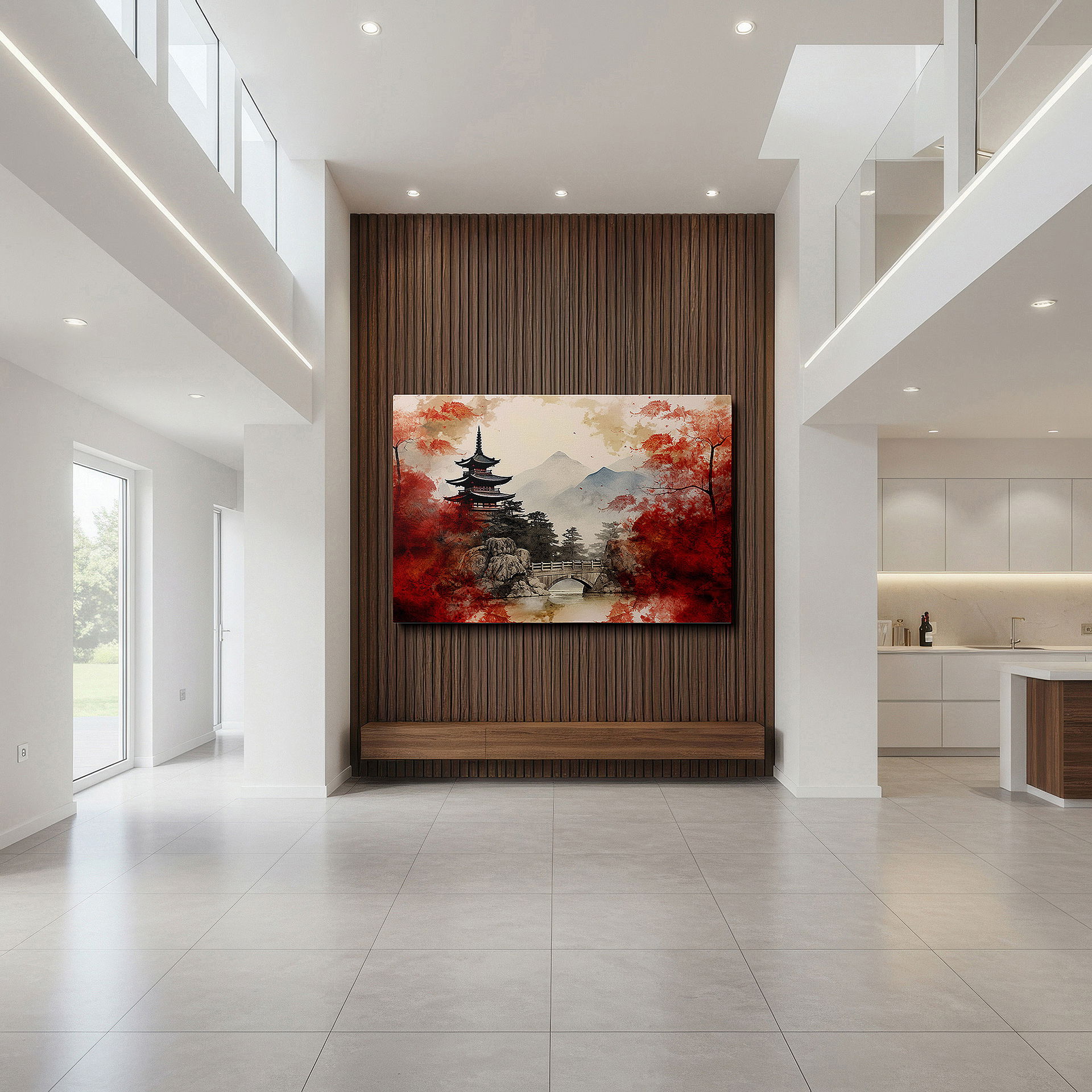 The 75×50 cm version anchors medium rooms without dominating them — wall art: tranquil japanese pagoda surrounded by autumn