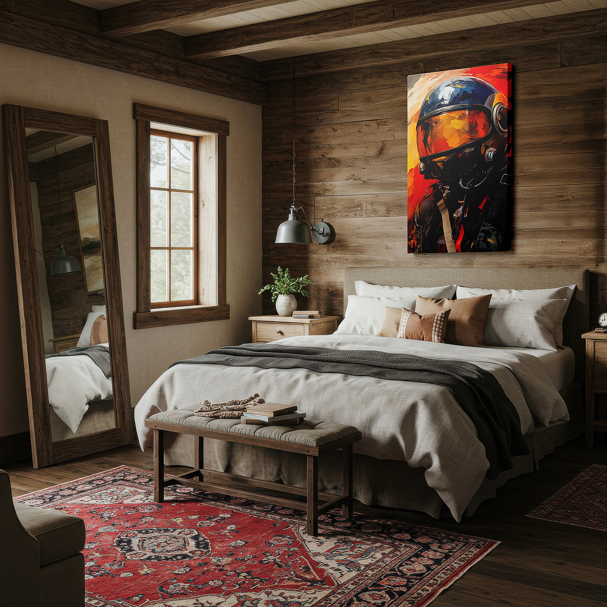 The 75×50 cm version anchors medium rooms without dominating them — wall decor: advanced aviation and exploration, pilot with modern helmet against a fiery sky, large canvas wall art for office decor
