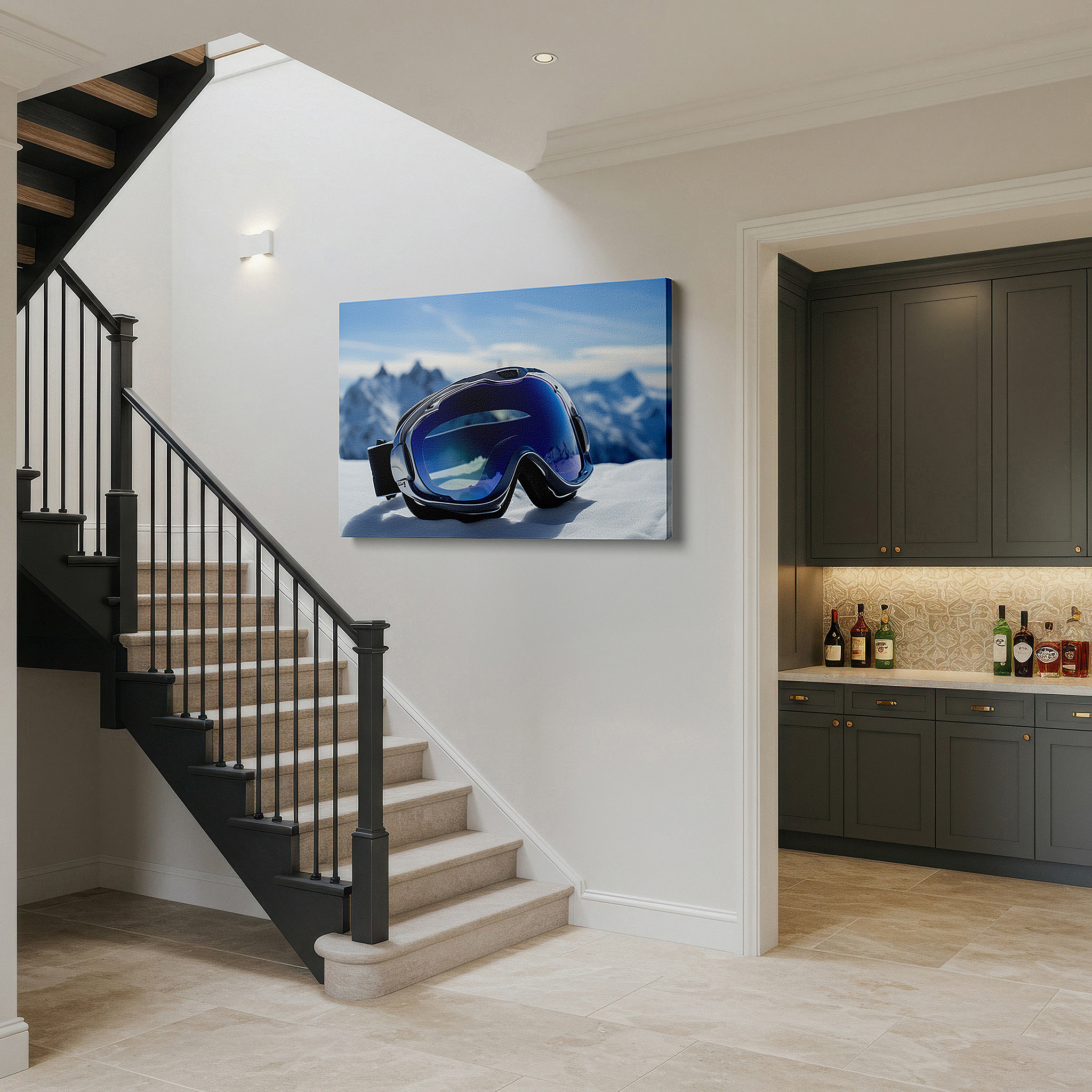 The 75×50 cm version anchors medium rooms without dominating them — wall decor: elegant winter sports scene with reflective ski goggles and snow-capped peaks - large canvas art for office and home