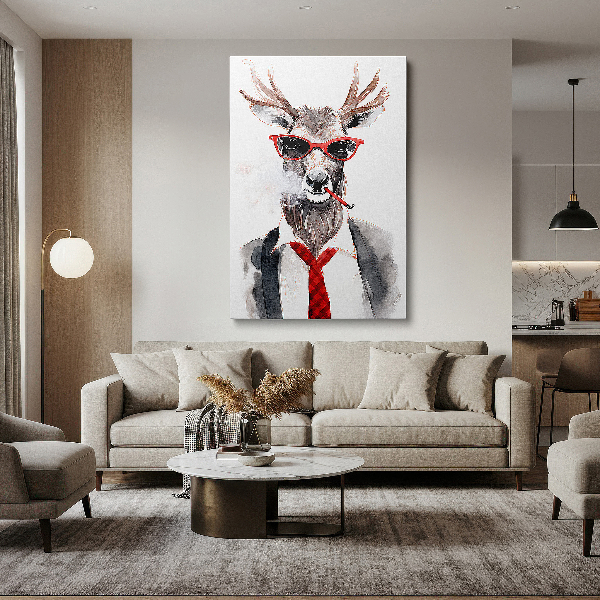 The 75×50 cm version anchors medium rooms without dominating them — wall decor: elegant yet playful deer in suit and red sunglasses - large canvas art for office and home