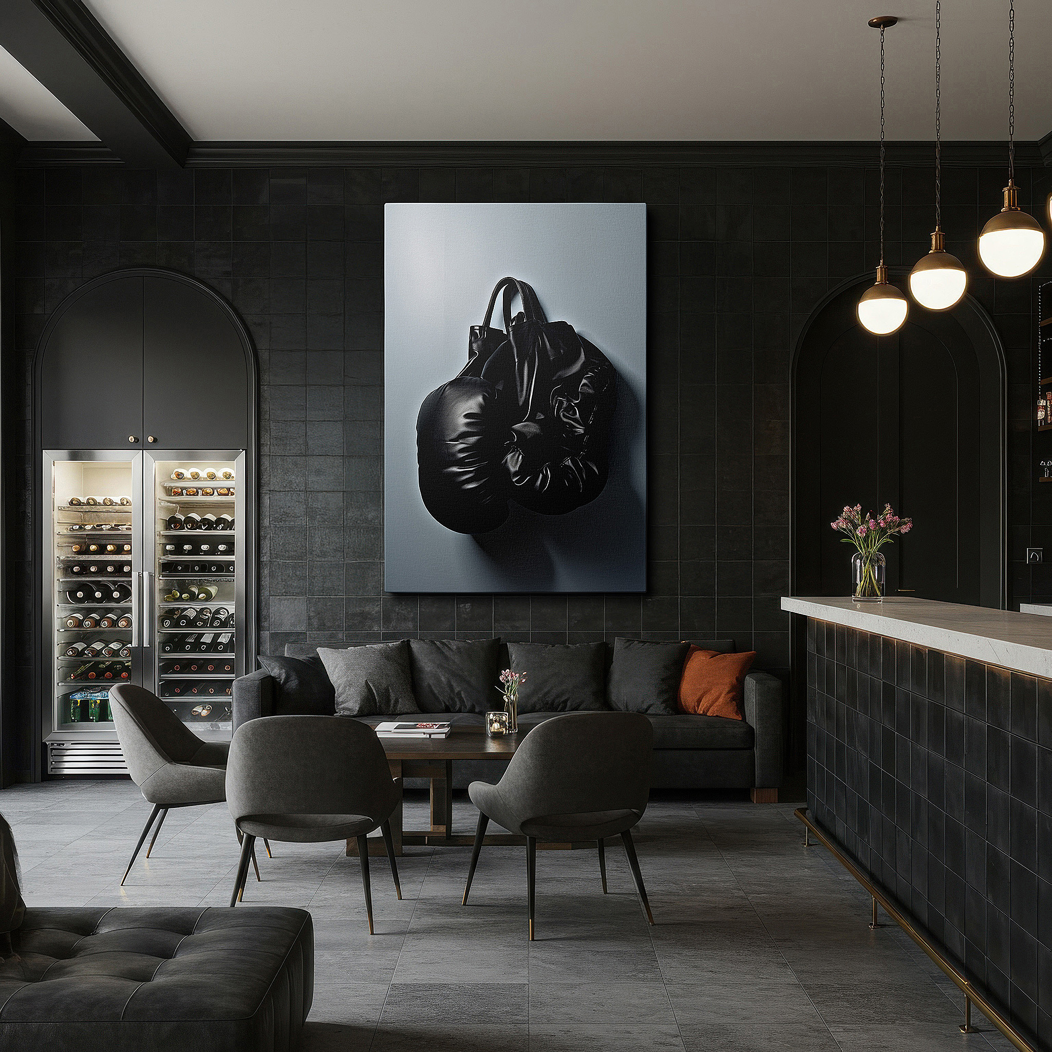 The 75×50 cm version anchors medium rooms without dominating them — wall decor: stylish black leather bag transformed into boxing gloves - a blend of fashion and artistry. ideal for living room, office, or bedroom.