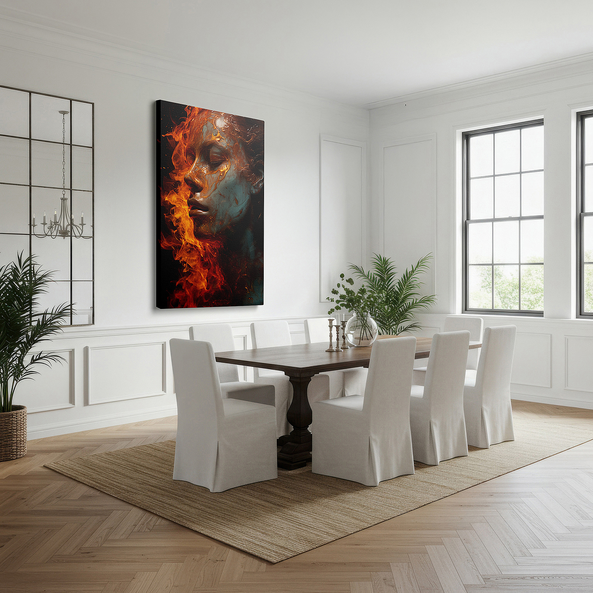The 75×50 cm version anchors medium rooms without dominating them — woman in profile surrounded by flames - a bold symbol of resilience and change, large wall art, canvas wall art, wall decor, office wall art