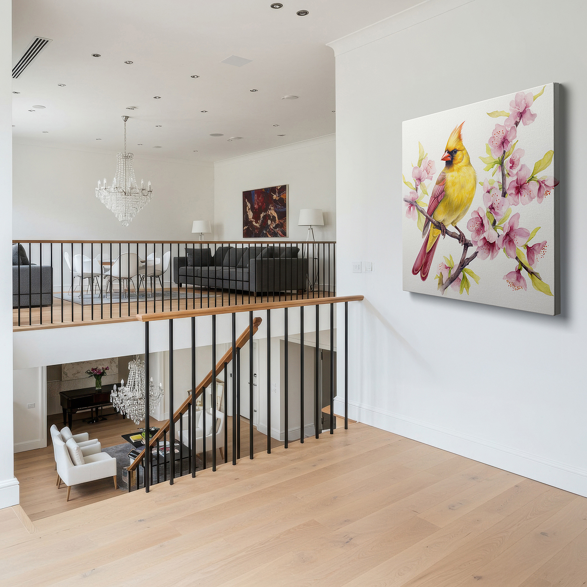 The 75×50 cm version anchors medium rooms without dominating them — yellow cardinal in pink blossoms: serene and vibrant large wall art for office or bedroom decor