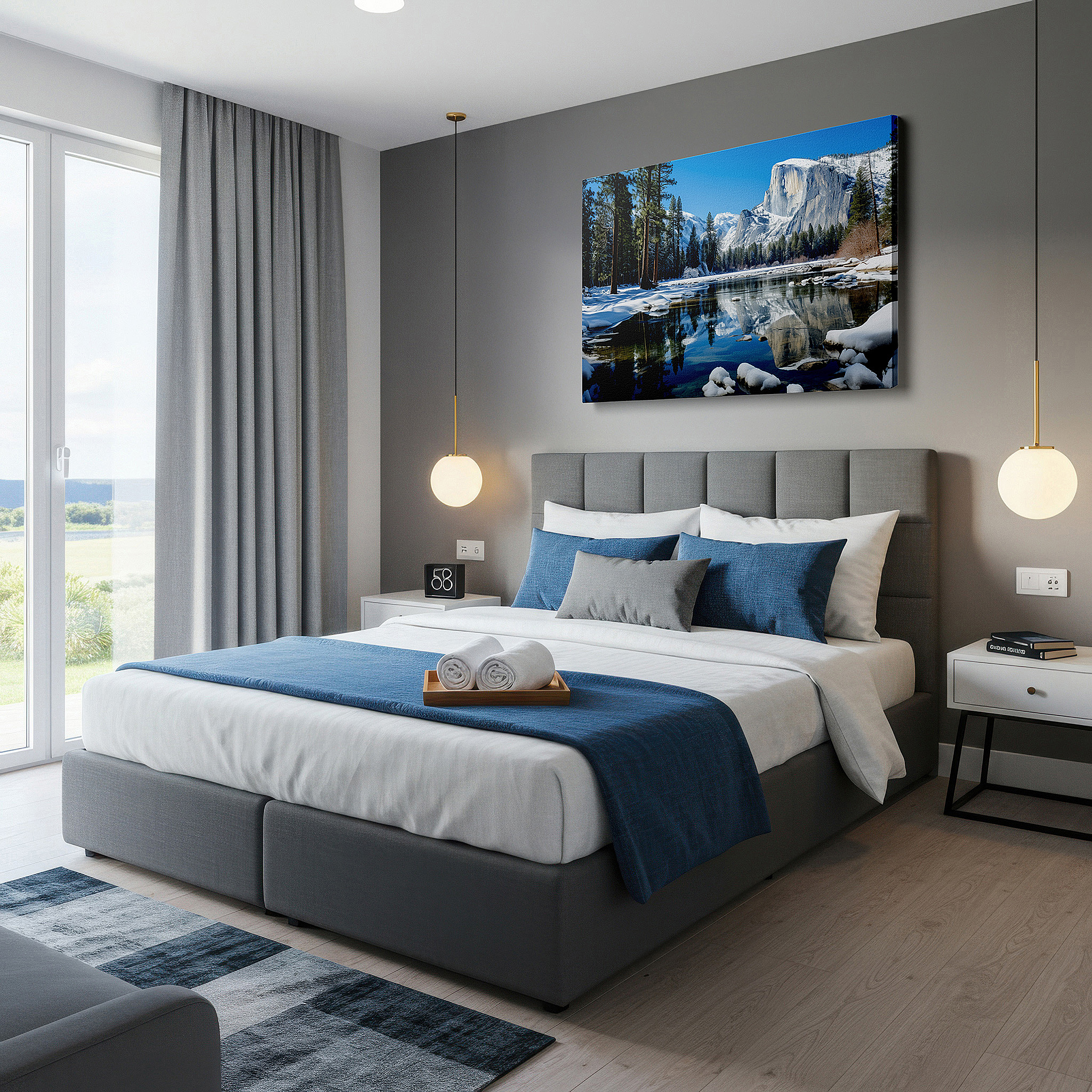 The 75×50 cm version anchors medium rooms without dominating them — yosemite winter splendor: snow-covered peaks and tranquil evergreens beneath a soft sky - large wall art, canvas wall art, wall decor for office