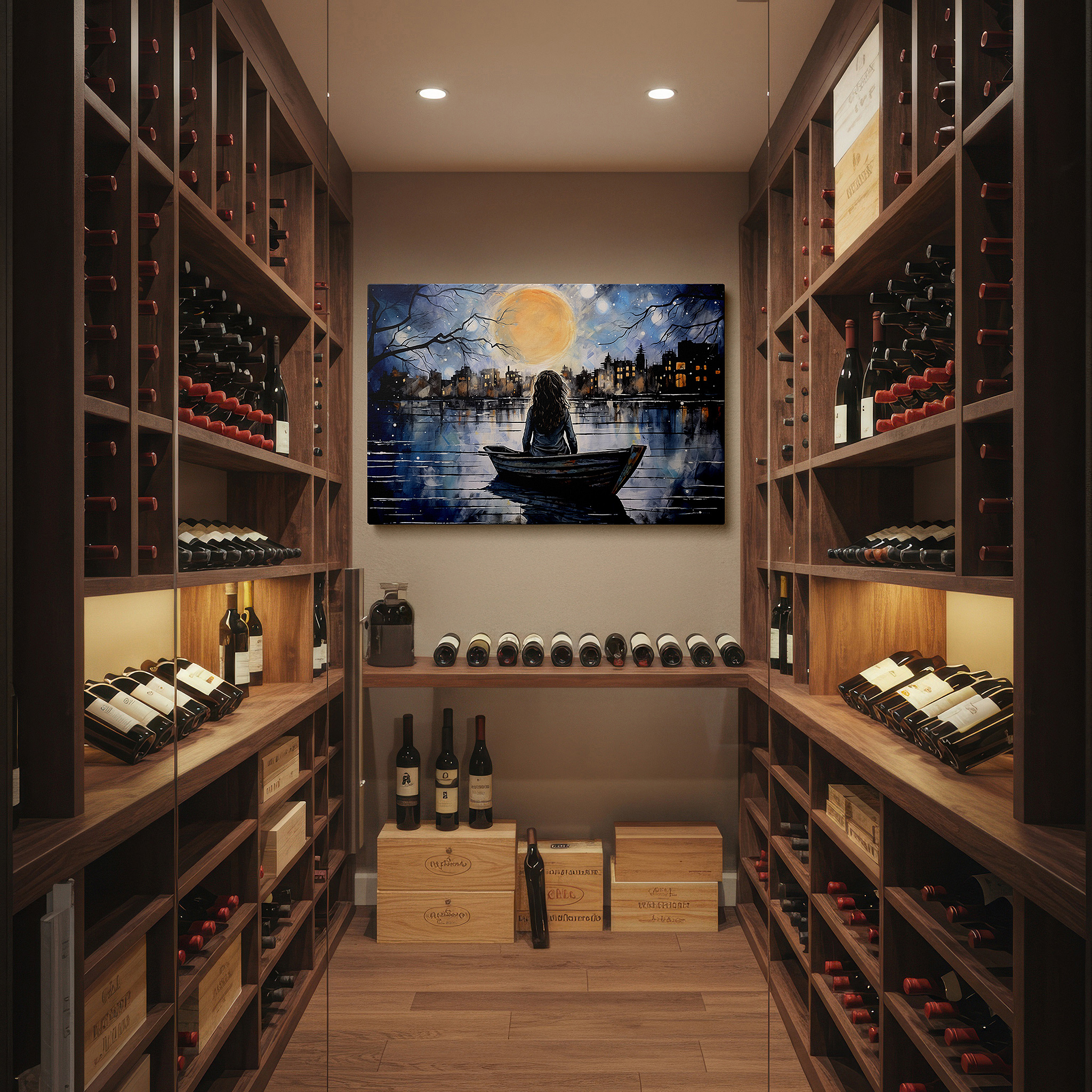 The 75×50 cm version anchors medium rooms without dominating them — young girl in a boat under moonlight, cityscape silhouette night scene, large canvas wall art for home and office decor