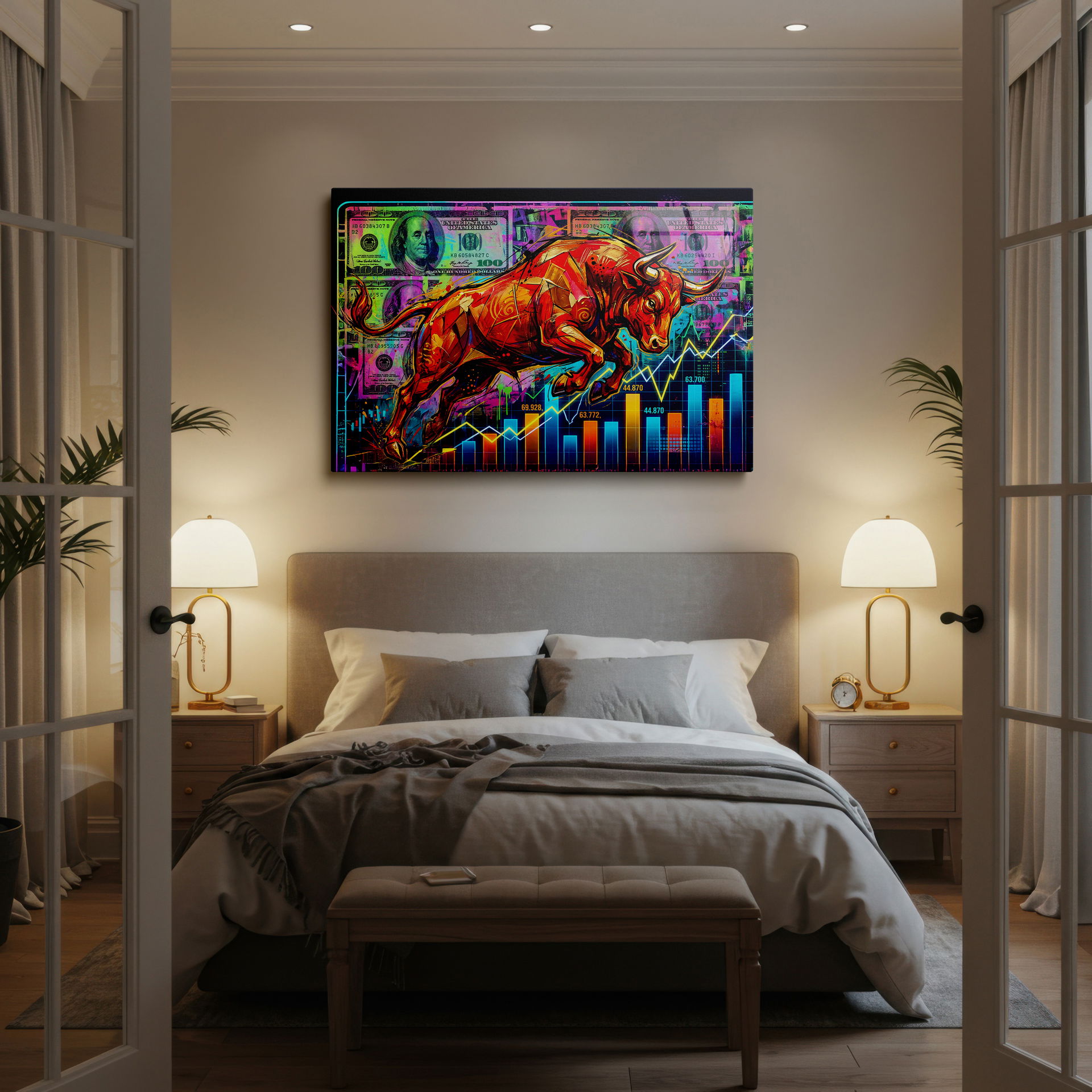 Powerful bull art capturing stock market energy, printed on high-quality Wrapped Canvas wall art
