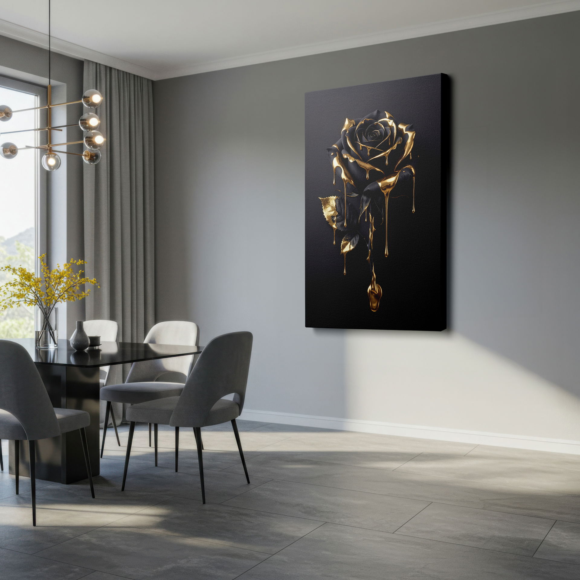 Detailed black rose design on canvas wall art featuring modern gold accents and high-quality Wrapped Canvas finish