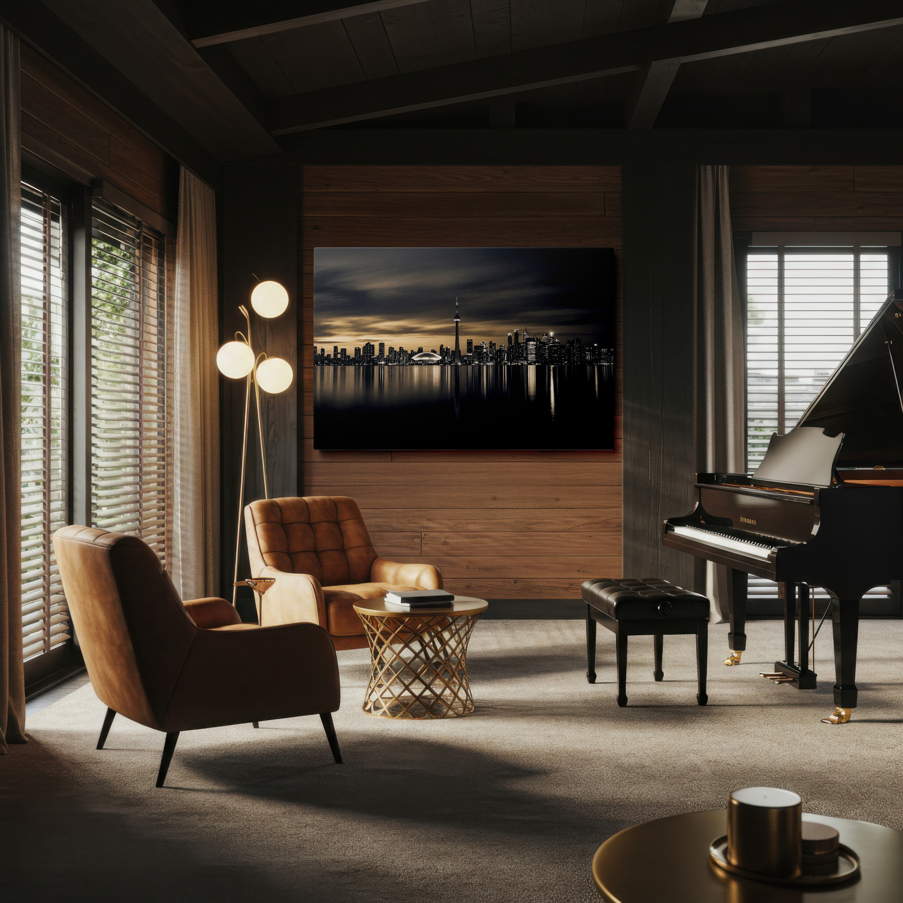 Captivating panoramic view of the iconic Toronto cityscape at night showcased on high-quality Wrapped Canvas wall art