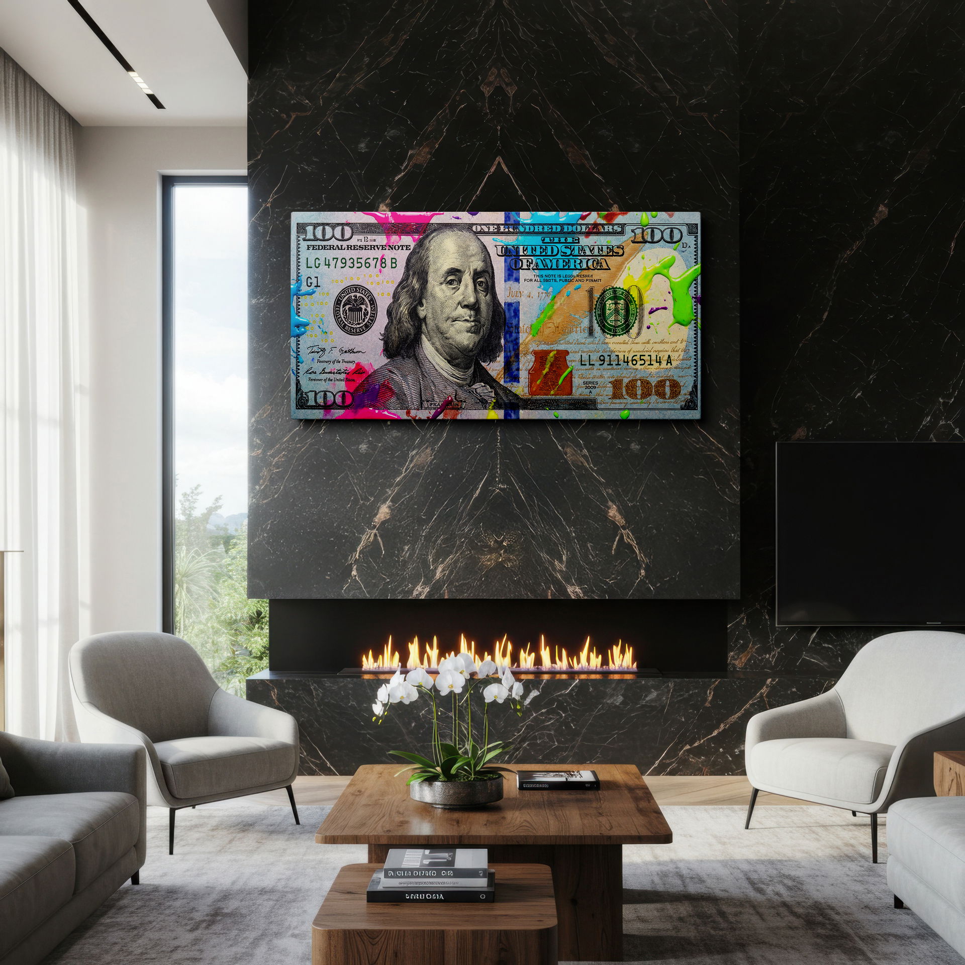 Contemporary money print wall art showing neon splashes over a $100 bill design on Wrapped Canvas