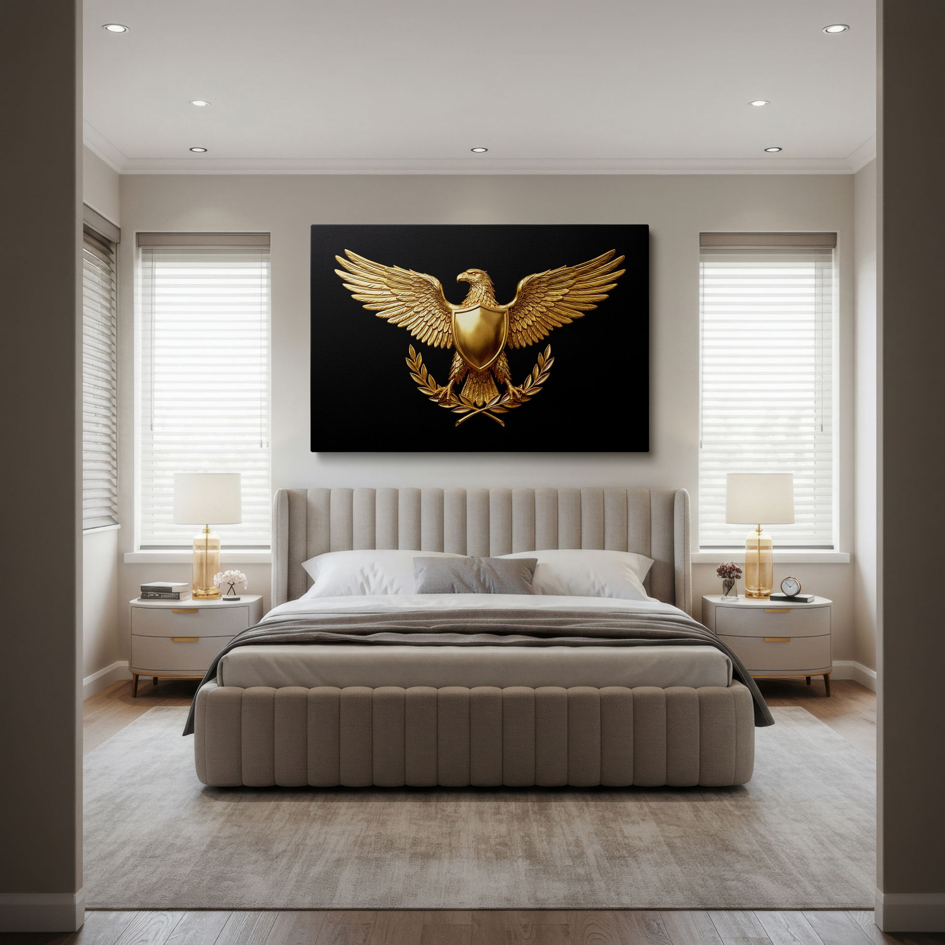 Detailed close-up of the regal golden eagle wings on this stunning wall art, presented on a Wrapped Canvas.