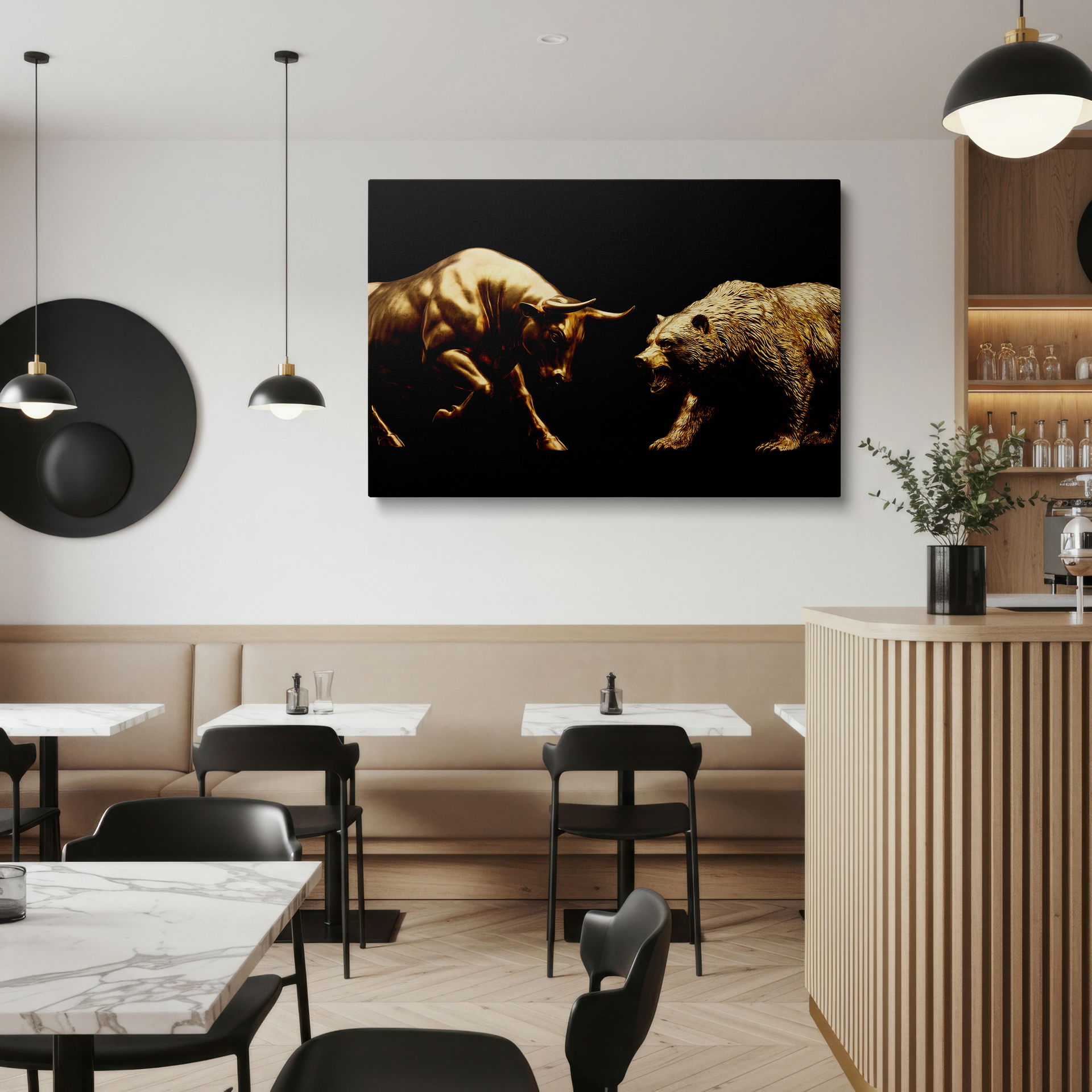 Striking golden bull and bear figures on Wrapped Canvas, an elegant piece of financial themed wall art.