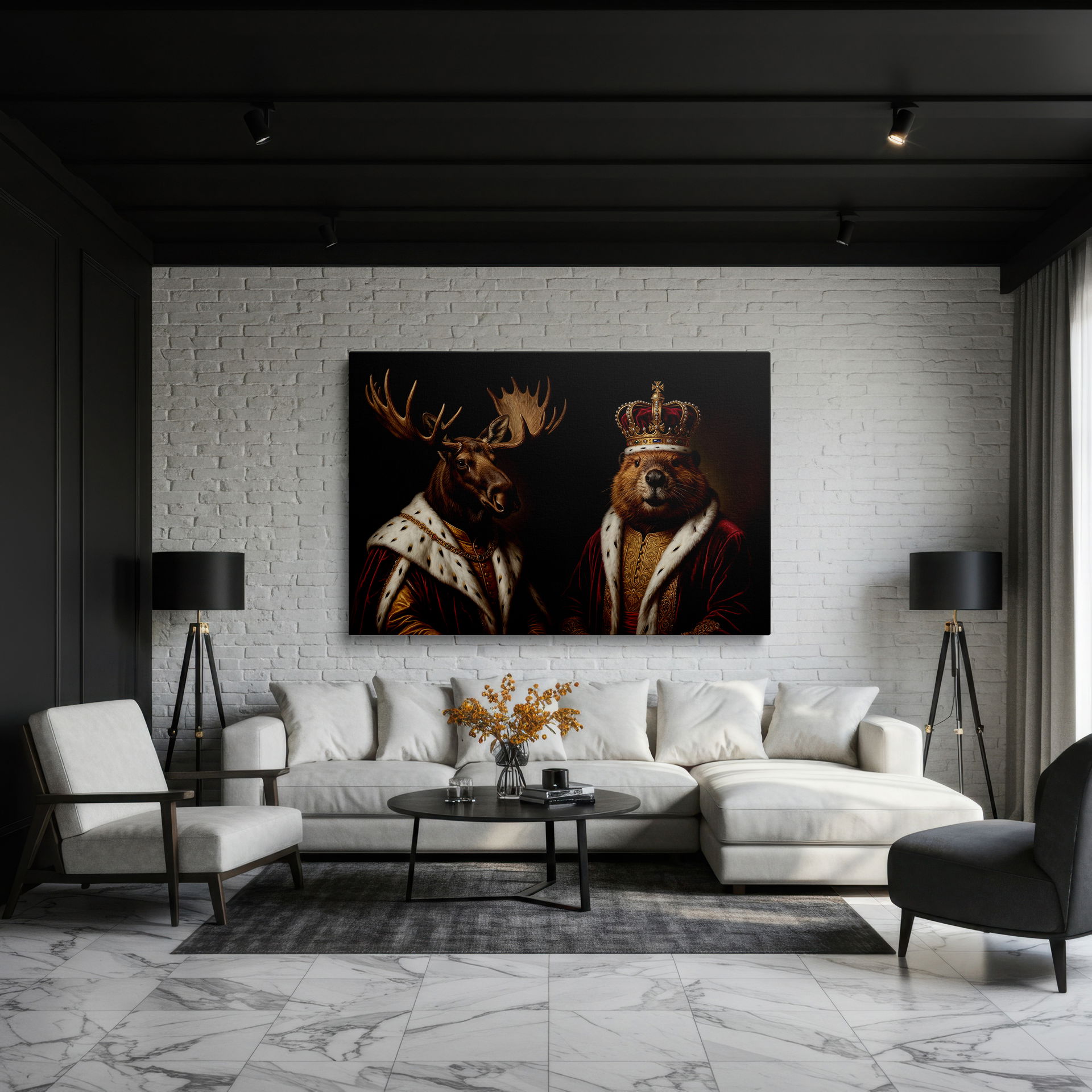 Close-up of the regal moose antlers and ermine-trimmed robe on this high-quality Wrapped Canvas wall art