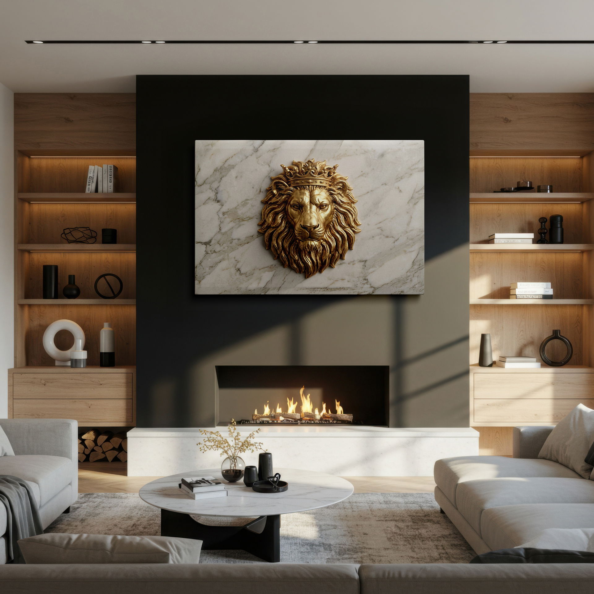 Magnificent canvas wall art depicting a majestic crowned lion against a contrasting marble background on Wrapped Canvas