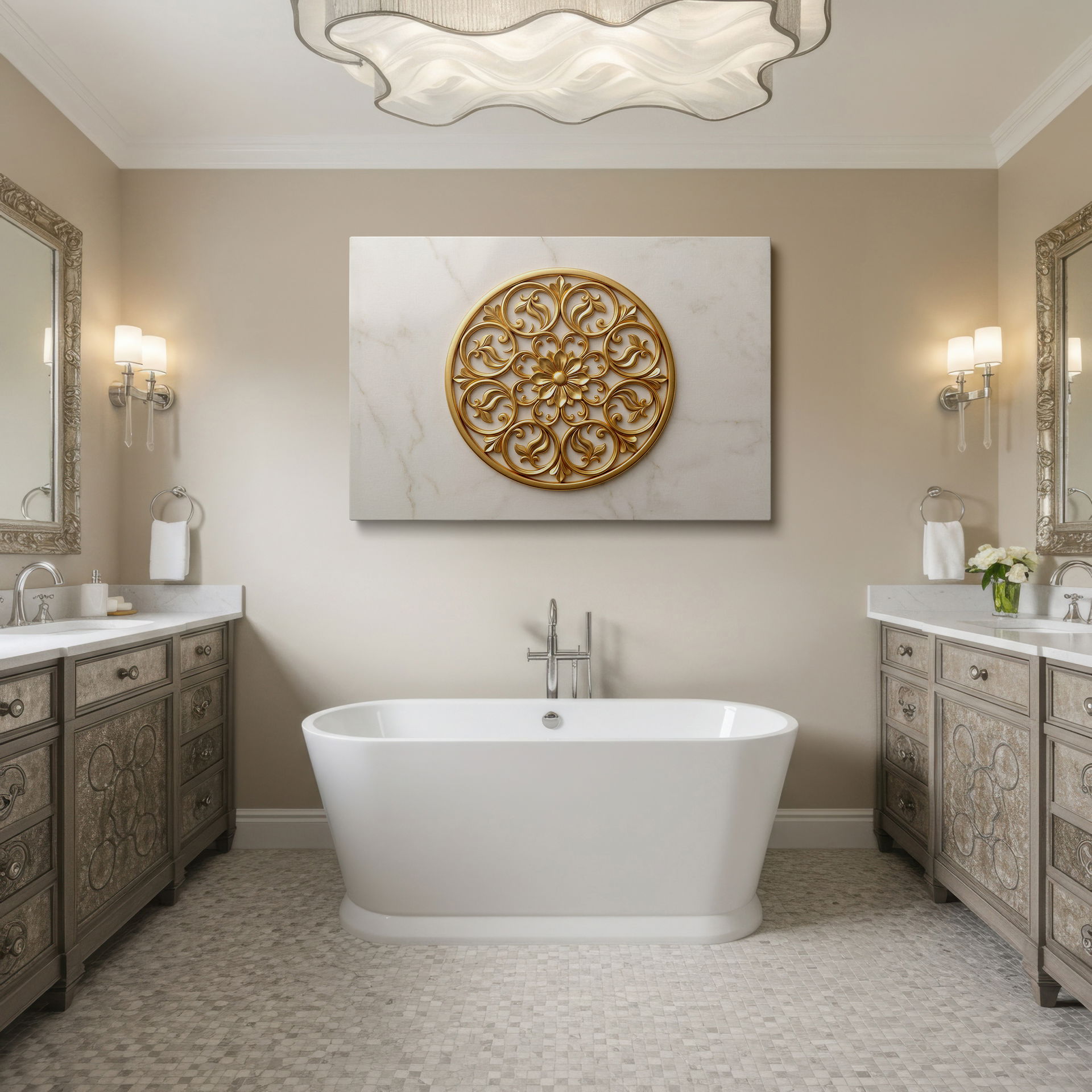 Close-up view of the exquisite gold finish and detailed floral motif on this elegant Wrapped Canvas wall art