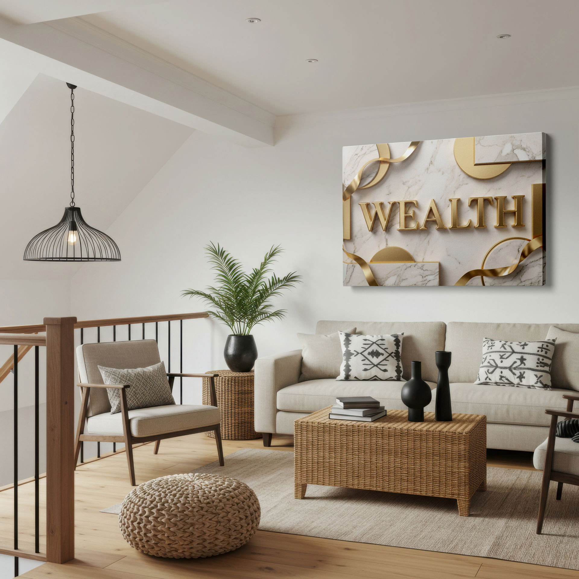 Close-up of the bold golden 'Wealth' text printed on a high-quality Wrapped Canvas wall art, showcasing fine detail.
