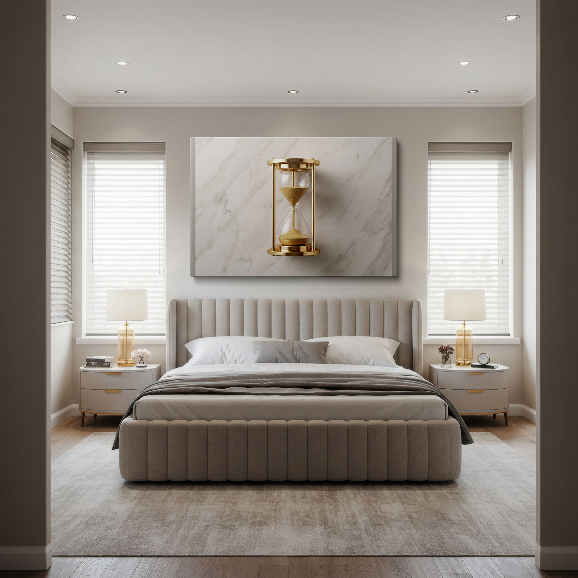 Close-up of the meticulously crafted golden hourglass detail in this stunning canvas wall art, emphasizing the timeless elegance of the Wrapped Canvas.