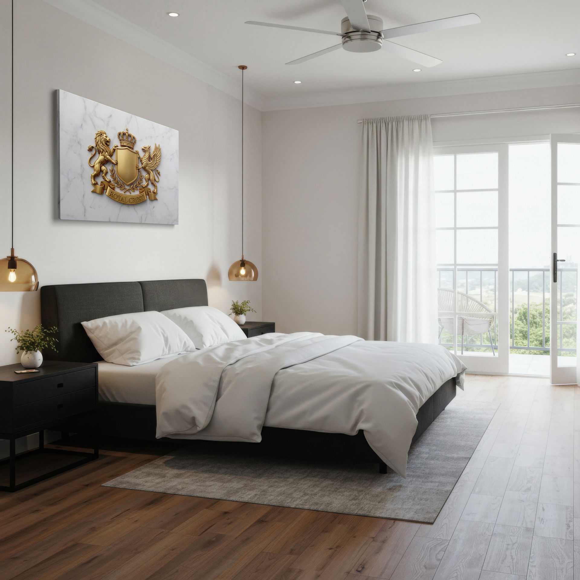 Intricate heraldic emblem on a Wrapped Canvas wall art, showcasing a detailed lion and griffin on a white background.