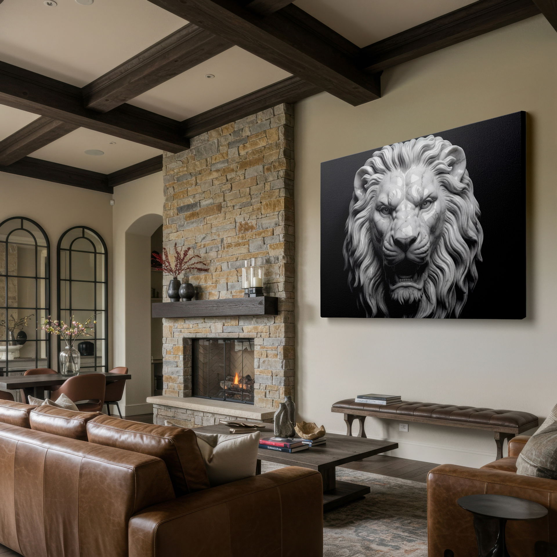 Intricate details of a majestic marble lion against a dark background showcased on this striking Wrapped Canvas wall art