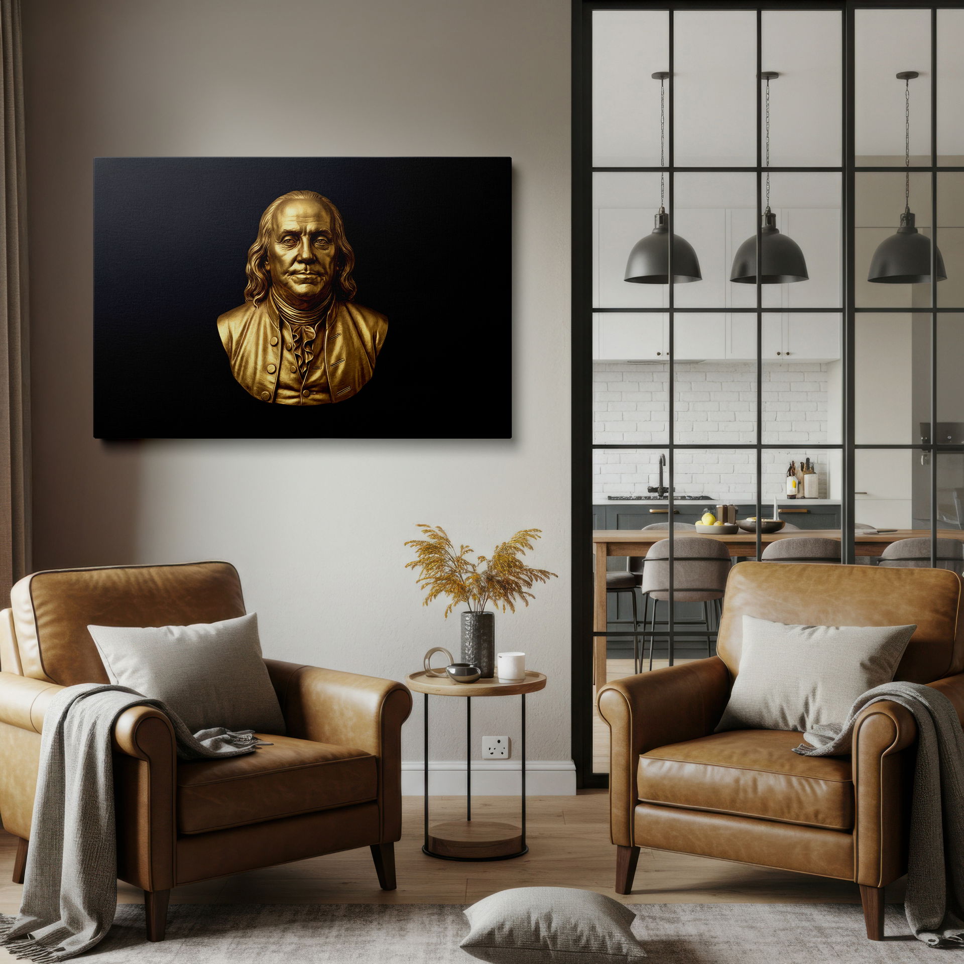 Striking historical icon print of Benjamin Franklin's bust rendered in luxurious gold on a high-quality Wrapped Canvas