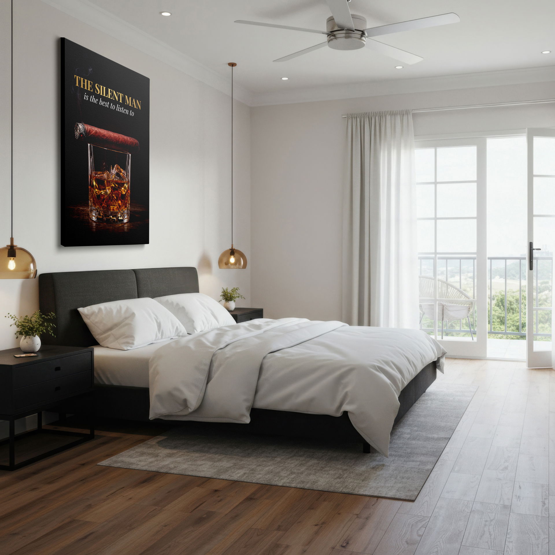 Sophisticated wall art and wall decor showcasing a crystal whiskey glass with ice and a smoldering cigar