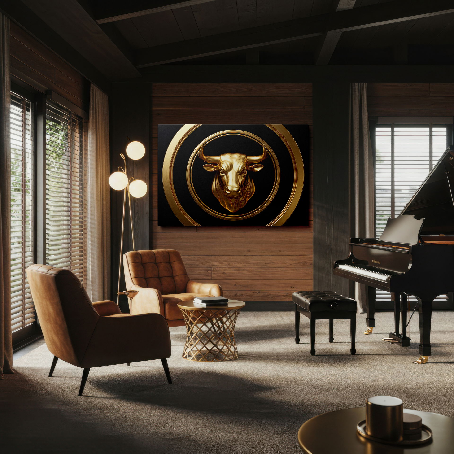 Abstract Golden Bull canvas wall art print featuring concentric golden circles and a powerful symbol of strength, Wrapped Canvas.